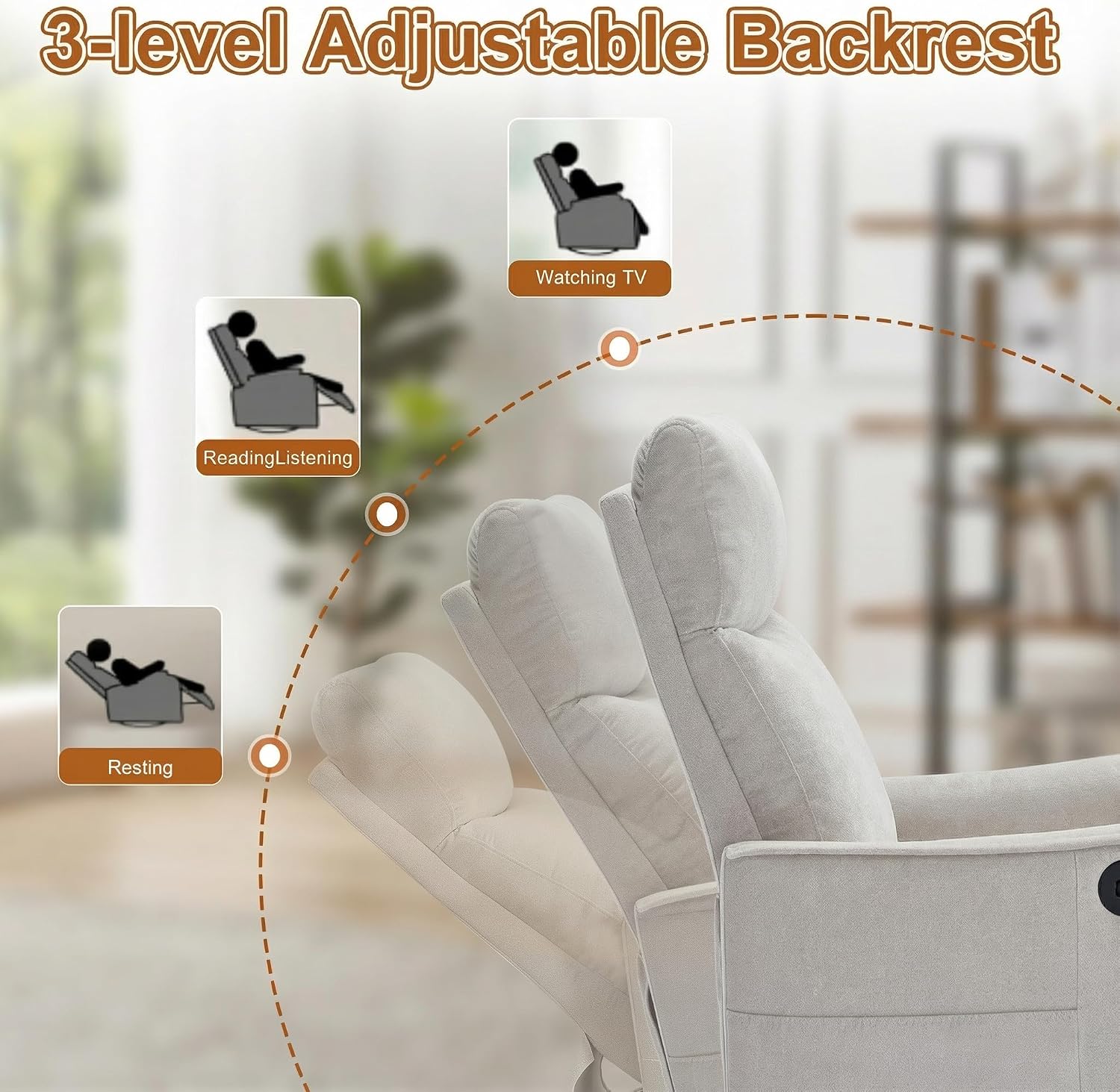 Manual 360° Swivel Rocker Recliner Chair for Adults, Overstuffed Glider Chair for Nursery with Vibration Massage and Heat, Comfy Soft Fabric Glider with Side Pockets for Living Room, Beige