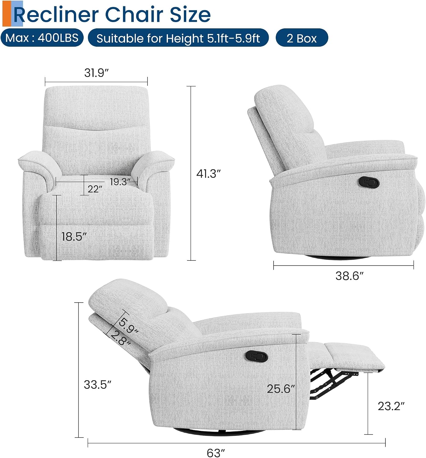GarveeHome Recliner Chair, 360° Swivel Rocker Glider Nursery Chair with Padded Armrest and Deep Seat, PU Leather Upholstered Reclining Sofa Chair for Living Room, Bedroom and Nursery (White)