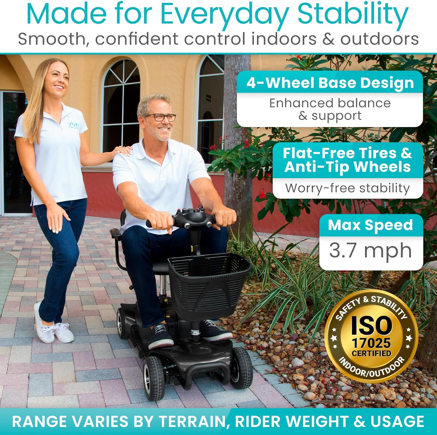 Vive 4 Wheel Mobility Scooter - Electric Powered Wheelchair Device - Compact Heavy Duty Mobile for Travel, Adults, Elderly - Long Range Power Extended Battery with Charger & Basket