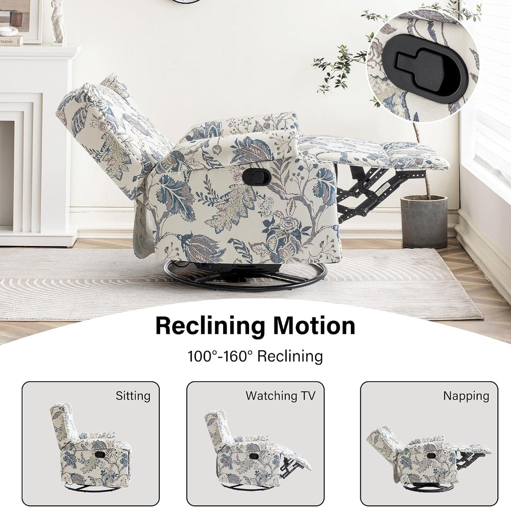 Lumibee Swivel Rocker Recliner Chair Set of 2, Printed Fabric Swivel Glider Rocking Chair with High Back, Upholstered Deep Seat Wingback Recliner Chair for Living Room Bedroom, Plants Blue