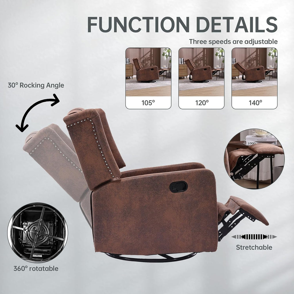 HRVEOCEI Glider Recliner Nursery Chair, Cozy Microsuede Rocking Chair Nursery Recliner with Adjustable Button Backrest and Footrest, Swivel Recliner Chair for Living Room, Bedroom, Office (Coffee)