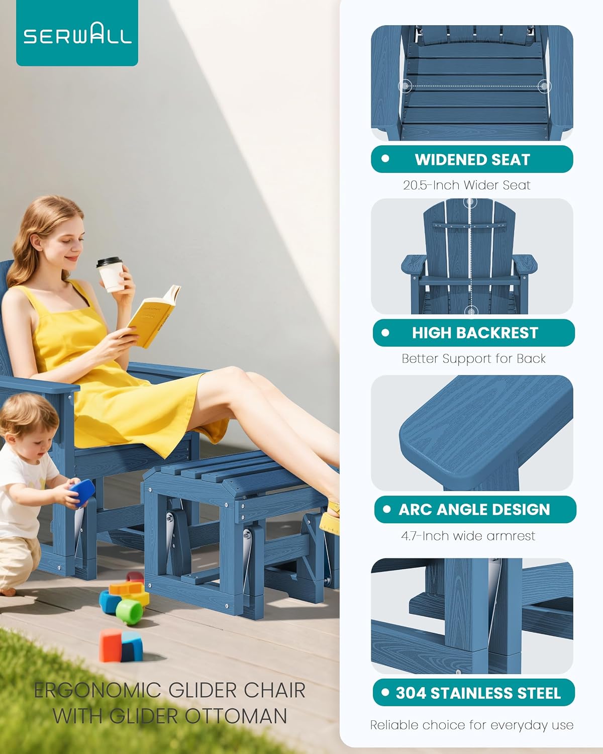 SERWALL Outdoor Glider Chair Set of 2 with Ottoman, HDPE Wood-Like Patio Glider Set All-Weather Porch Glider for Outside, Blue