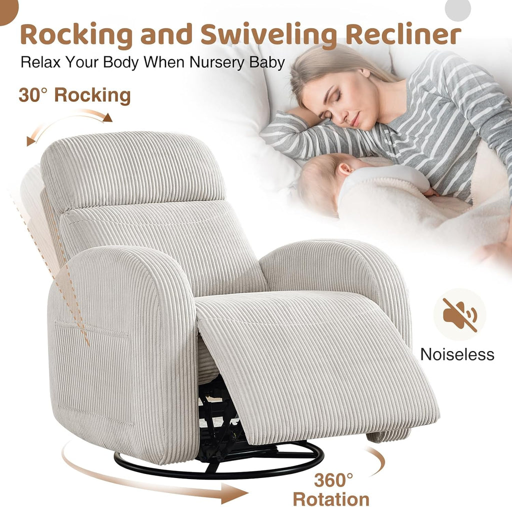 Swivel Recliner Rocker Nursery, Nursering Glider Recliner, Manual Swivel Rocking Reclining with Double Pockets for Living Room,Corduroy Camel