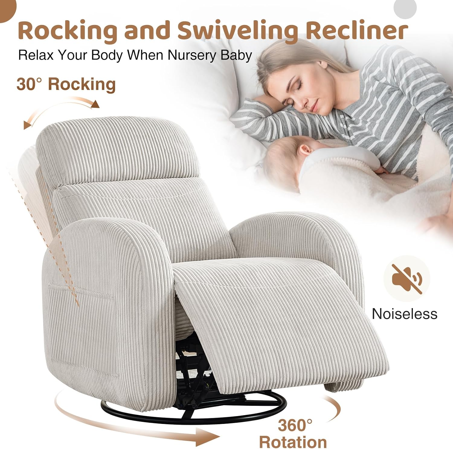 Swivel Recliner Rocker Nursery, Nursering Glider Recliner, Manual Swivel Rocking Reclining with Double Pockets for Living Room,Corduroy Camel