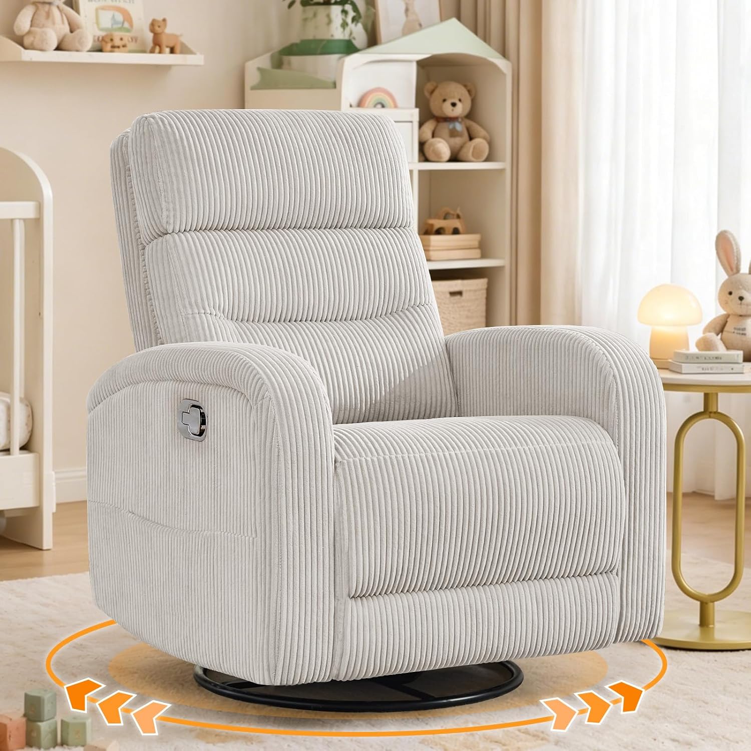 Swivel Rocker Recliner Glider Rocking Chair for Nursery, Corduroy Recliner with Chunky Cushion, Manual Swivel Recliner Chair for Living Room, Bedroom, Nursery(Camel)