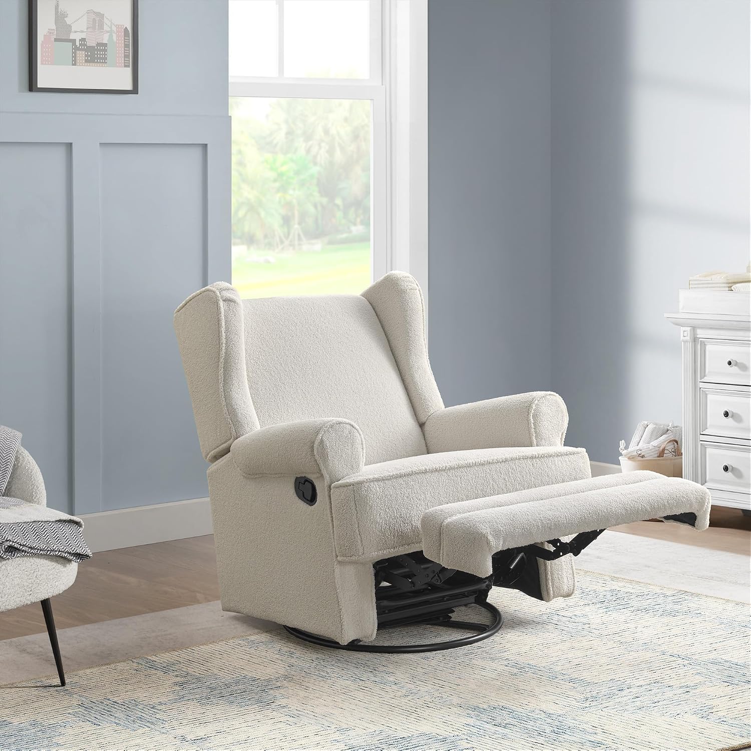 Oxford Baby Teegan Upholstered Glider Recliner Rocking Chair 360° Swivel for Nursery and Living Room - Boucle White