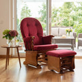 Glider Rocking Chair with Ottoman Set, Solid Wood Nursery Glider Rocker with Thick Padded Cushion, High Back Upholstered Swivel Glider for Living Room, Nursing, Reading, 280LBS Weight Capacity,Oak+Red