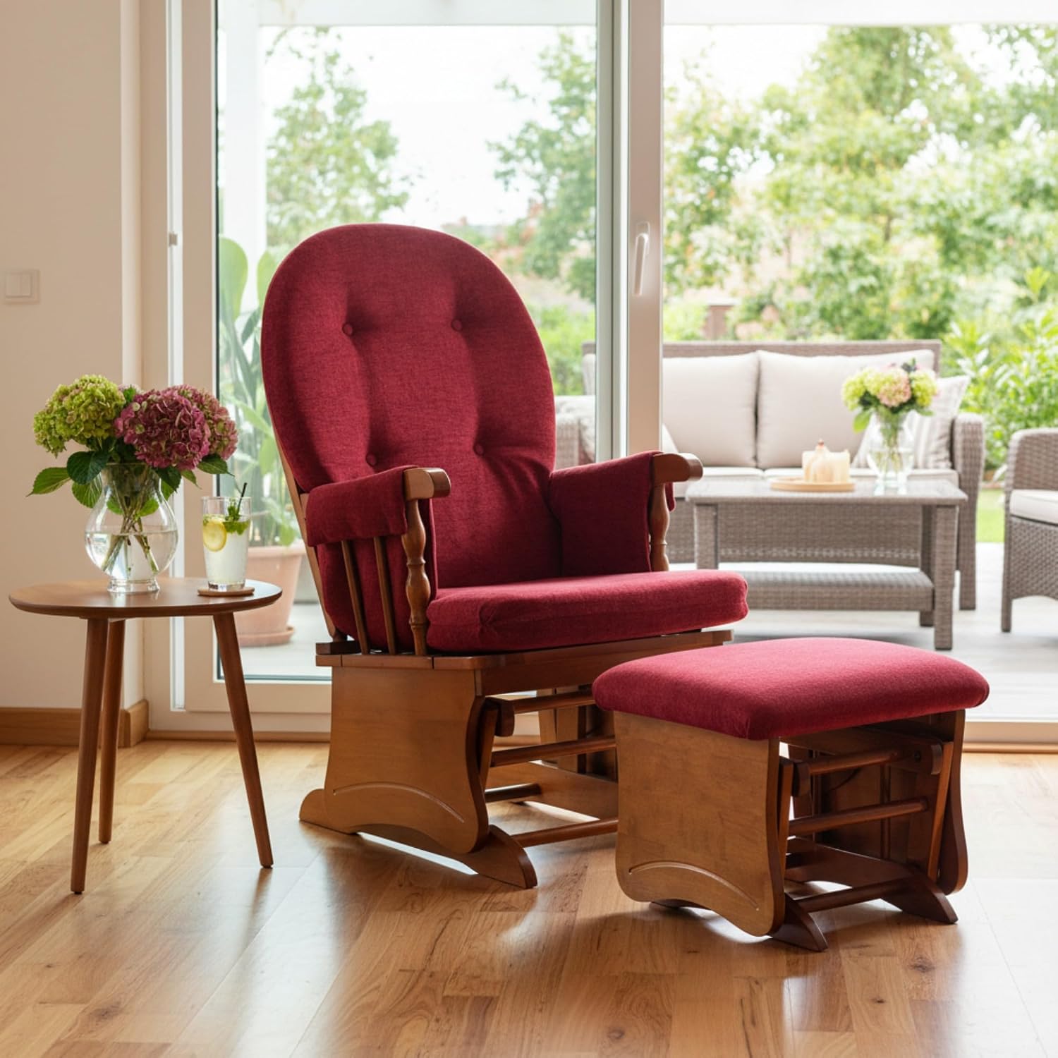 Glider Rocking Chair with Ottoman Set, Solid Wood Nursery Glider Rocker with Thick Padded Cushion, High Back Upholstered Swivel Glider for Living Room, Nursing, Reading, 280LBS Weight Capacity,Oak+Red