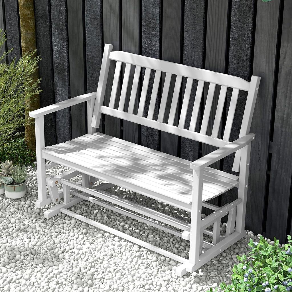 Tangkula 2 Person Outdoor Glider Bench, Poplar Wood Patio Swing Glider Loveseat with Armrests, Slatted Seat & Backrest, Porch Rocking Glider Bench for Backyard, Garden, Deck (White)