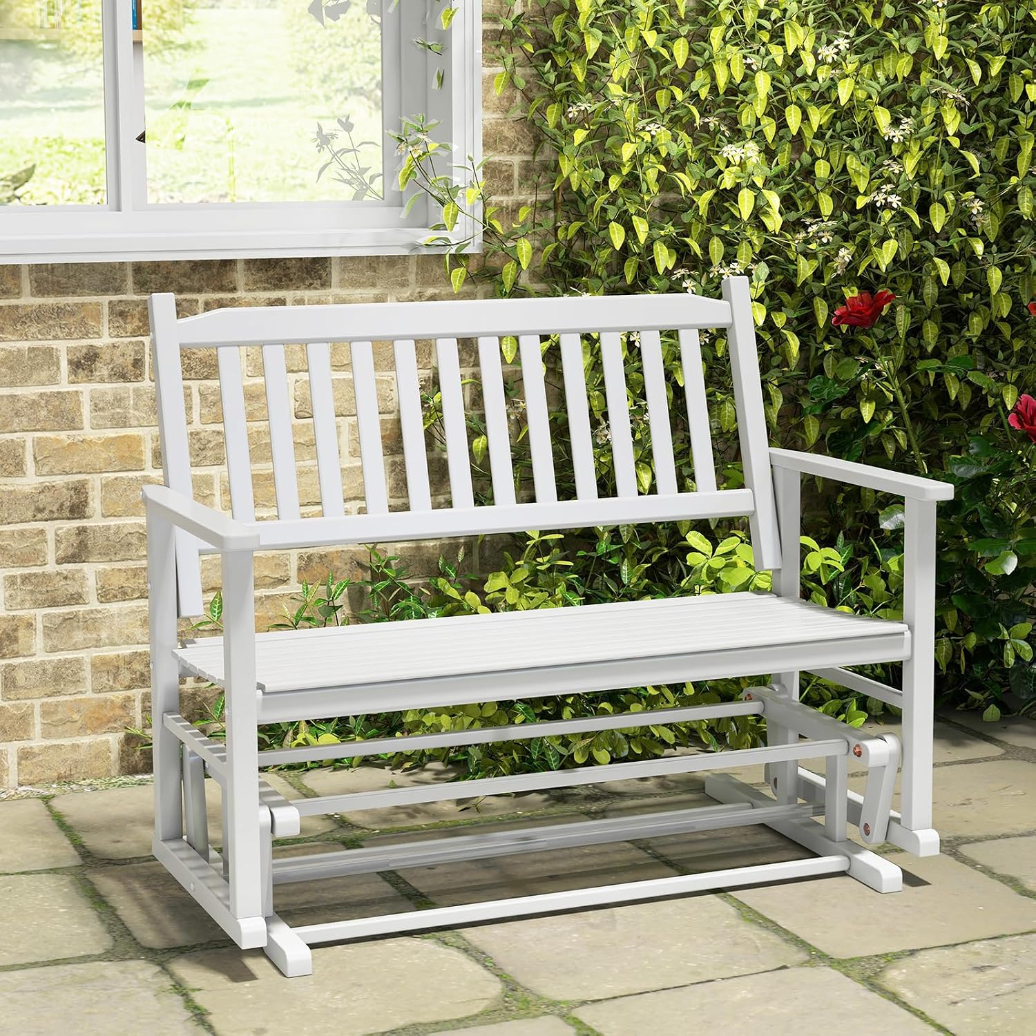 Tangkula 2 Person Outdoor Glider Bench, Poplar Wood Patio Swing Glider Loveseat with Armrests, Slatted Seat & Backrest, Porch Rocking Glider Bench for Backyard, Garden, Deck (White)