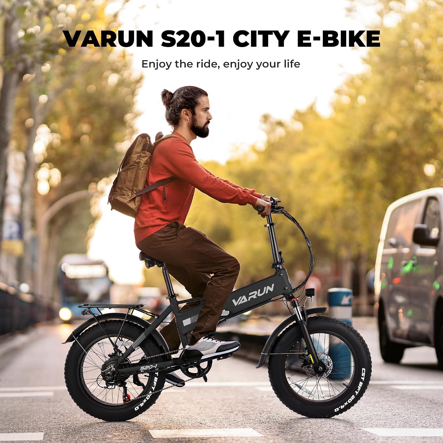 VARUN Electric Bike - Peak 750W Adults Ebike Up to 80KM, 25MPH, 624Wh Anti-Theft Battery, Shock Absorber, Pedal-Assist Level, Portable 20' Fat Tire Ebike for Women & Men