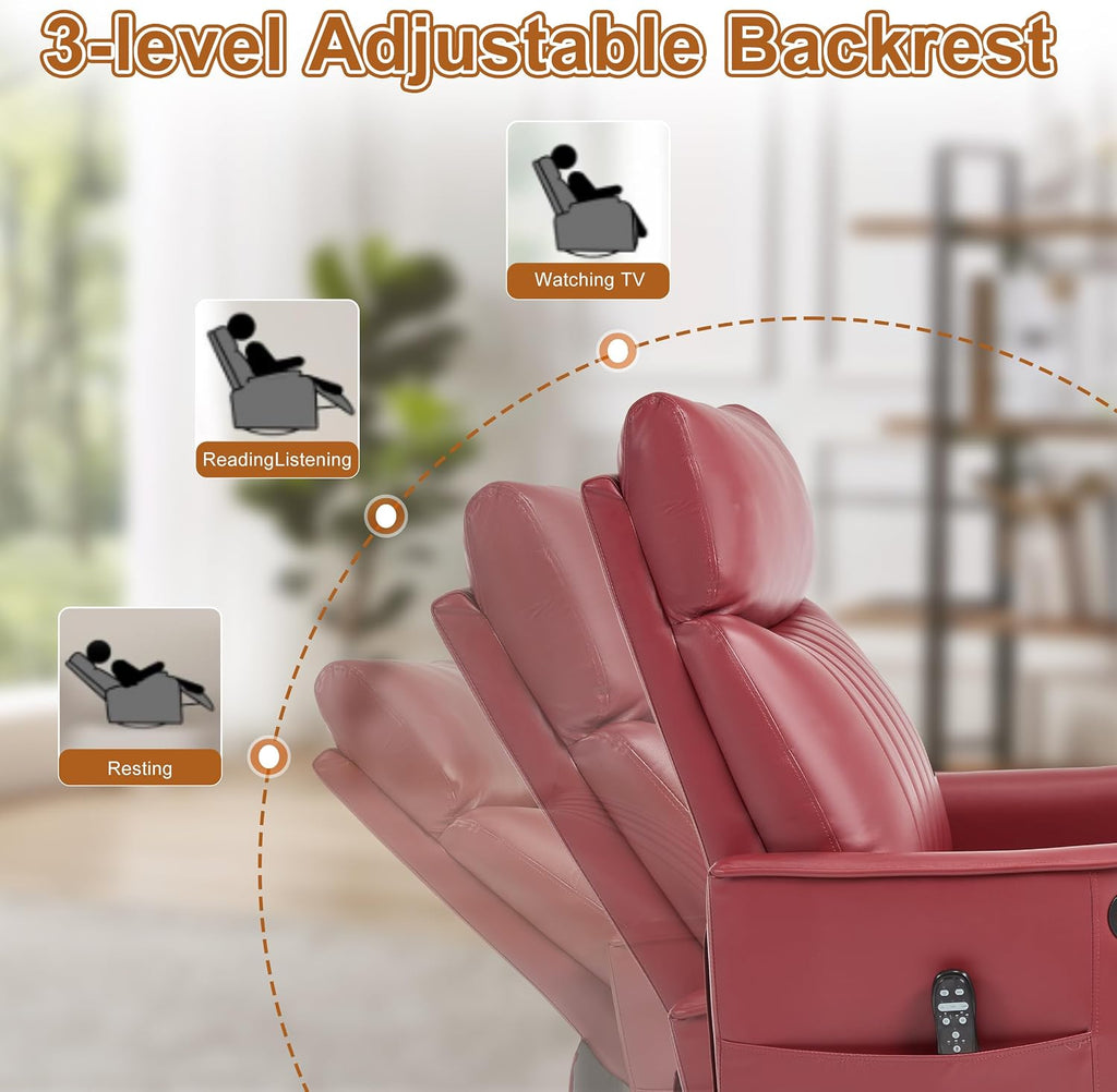 Manual Swivel Rocker Recliner Chair for Adults, Overstuffed Recliner Glider with Massage and Heat, Living Room Reclining Chair, PU Leather Red