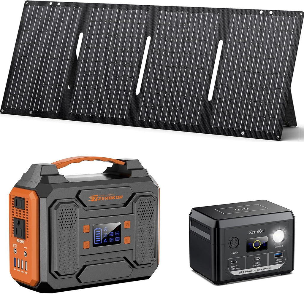 Portable Power Station 300W with Solar Panel 60W Foldable, 110V AC Outlet Camping Solar Power Bank Generator with Panels, 100W USB C Power Bank Fast Charging for Laptop Smart Devices RV Van Outdoor