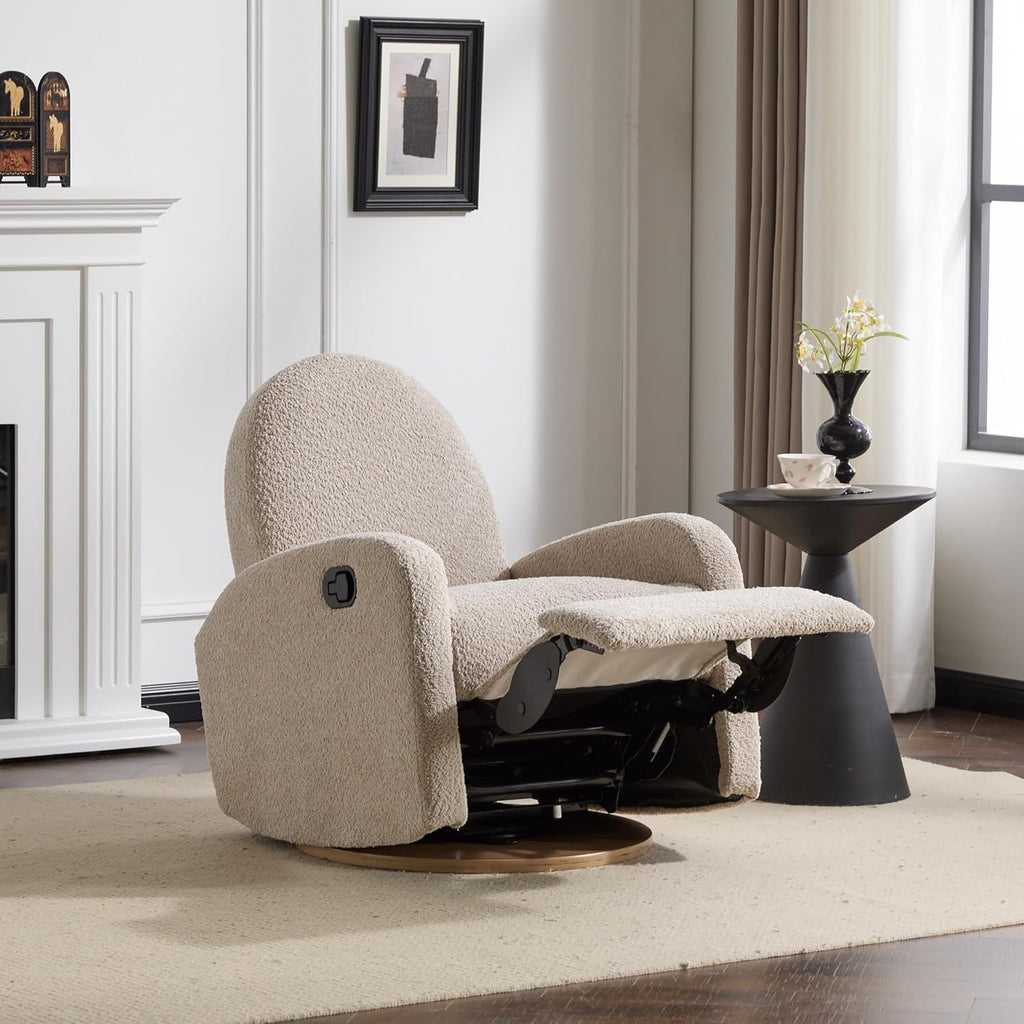 GDFStudio Swivel Glider Recliner Chair Nursery Rocker Recliner Chair with Boucle Upholstered High Back Single Seat Sofa Chair with Deep Seat Manual Nursing Reclining for Living Room, Almond