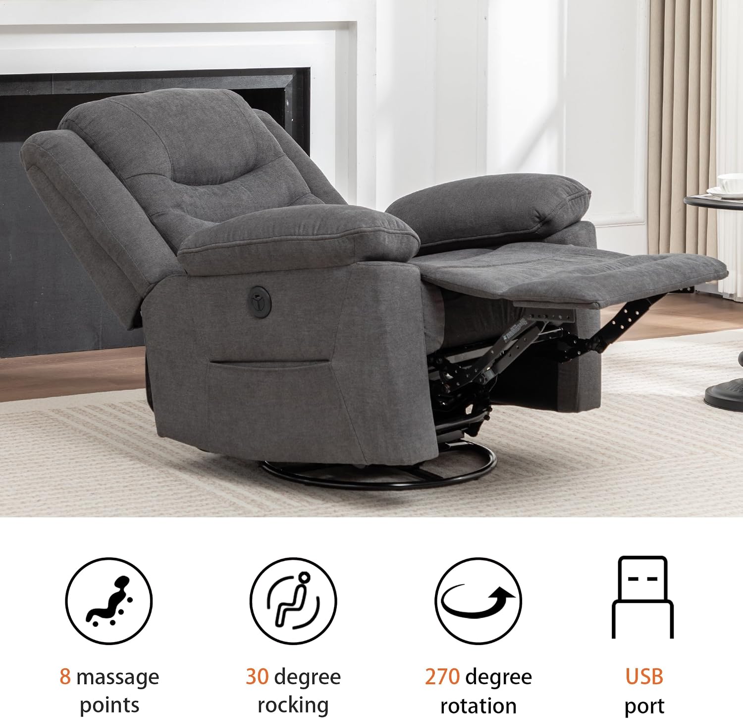 Ketaiyou Power Swivel Rocker Recliner with Massage and Heat, USB Port, Infinite Position, Oversized Electric Glider Rocking Chairs Living Room, Soft Fabric Reclining Sofa Chair (Dark Grey Fabric)