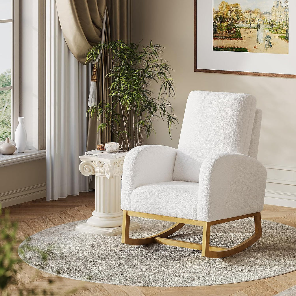 Teddy Upholstered Rocking Chair Nursery, Glider Rocker Chair with High Backrest and Side Pocket, High Back Accent Chair with Wood Legs, Comfy Side Chair for Nursery- White