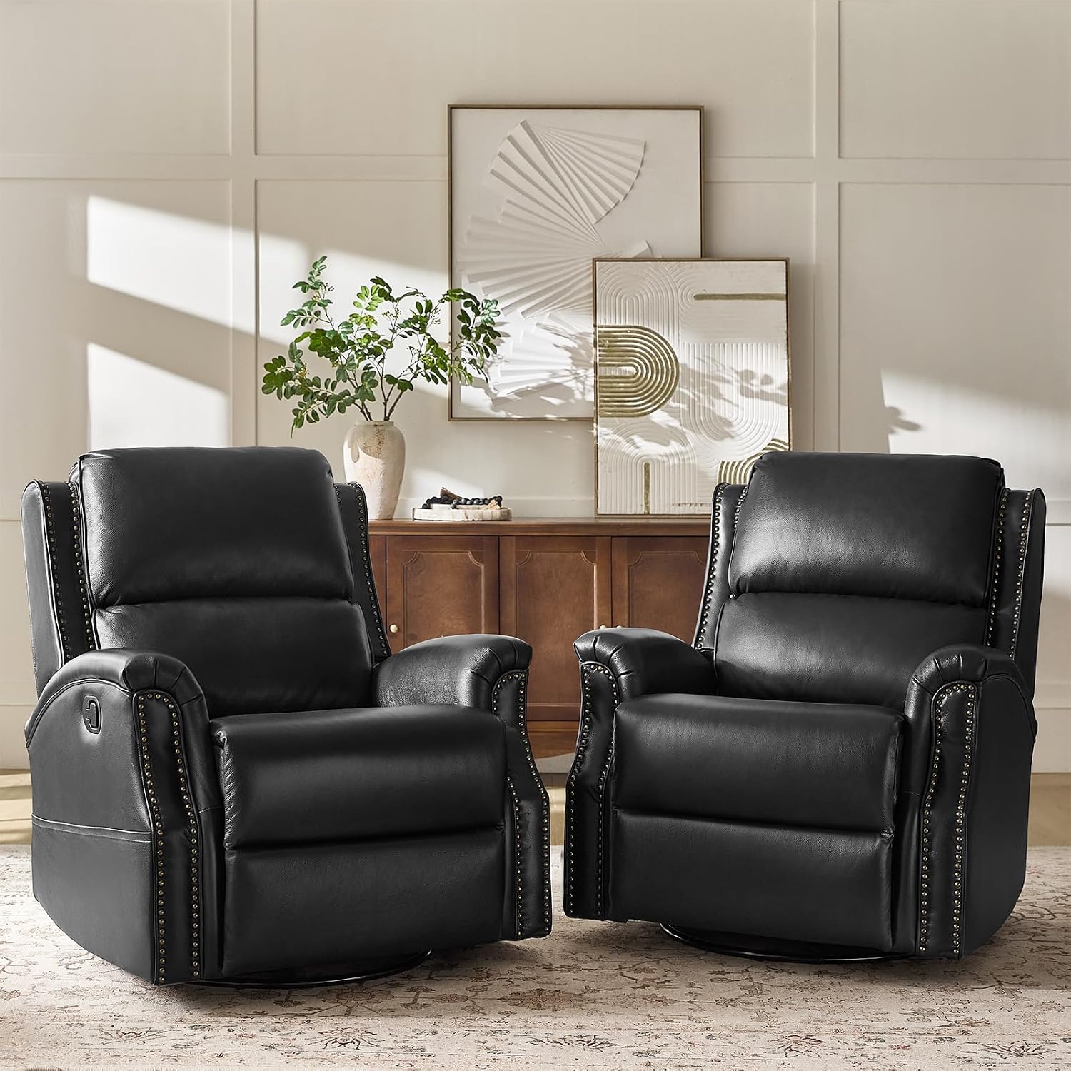 HULALA HOME Genuine Leather Recliner Chair, Swivel Rocker Chair with Thick Seat, Classic Push Back Armchair with Backrest, Nailhead Trim Set of 2, Black