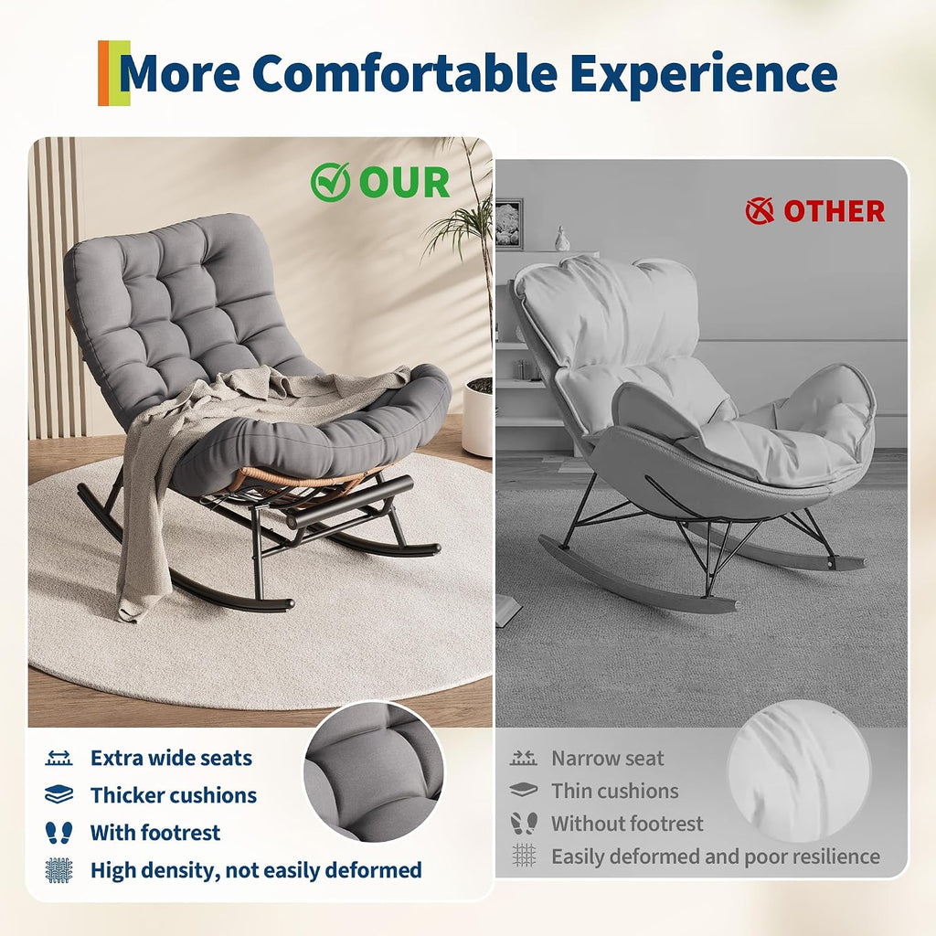 Garvee Outdoor Rocking Chair with Footrest, Oversized Patio Papasan Chairs with Cushion, Modern Lounge Rocker Chair for Indoor Living Room Garden Porch Balcony, Grey