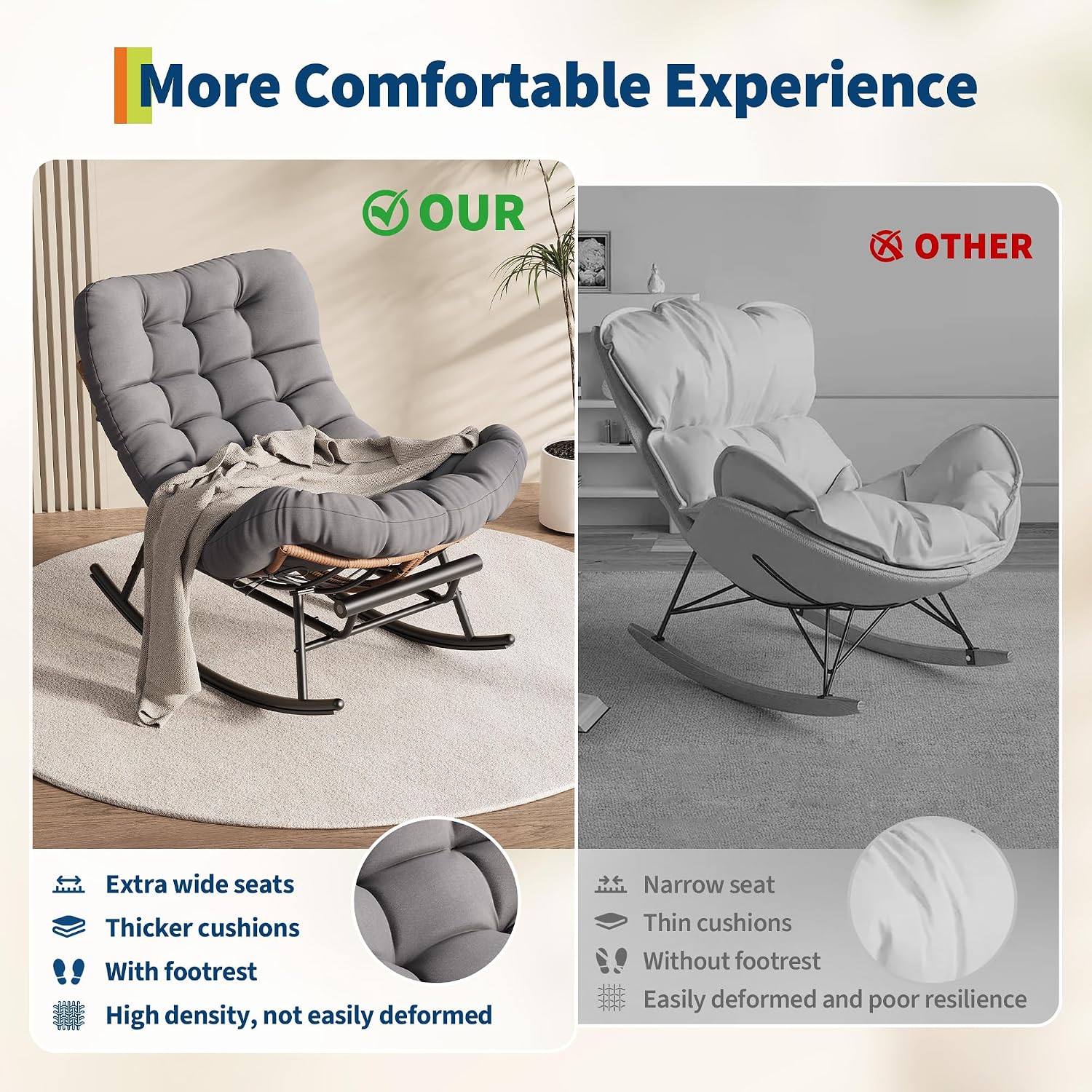 Garvee Outdoor Rocking Chair with Footrest, Oversized Patio Papasan Chairs with Cushion, Modern Lounge Rocker Chair for Indoor Living Room Garden Porch Balcony, Grey