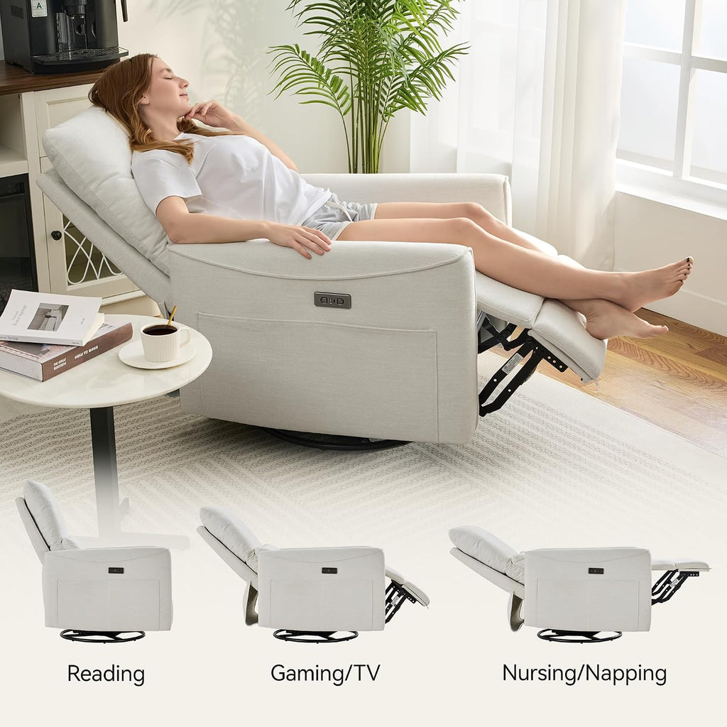 Power Swivel Rocker Recliner,Fabric Glider Recliner Nursery Chair,Small Rocking Chair,Single Reclining Sofa with Lumbar Support,USB&Type-C Ports,Living Room Home Threater Seat, Ivory White