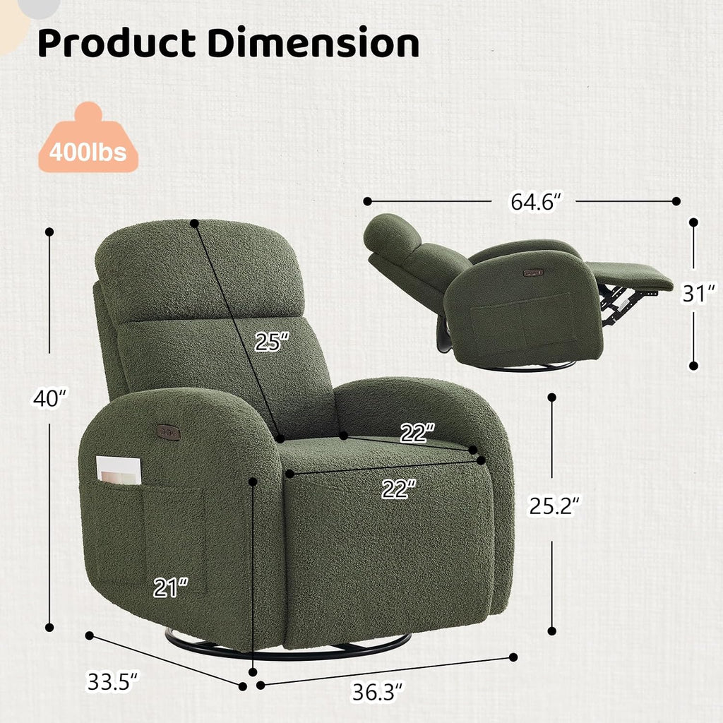 Power Nursery Glider Recliner, Boucle Swivel Rock Recliner with USB & Type-C, Nursery Rocking Chair Recliner with Double Pockets and Lumbar Support for Adult, Teddy Green
