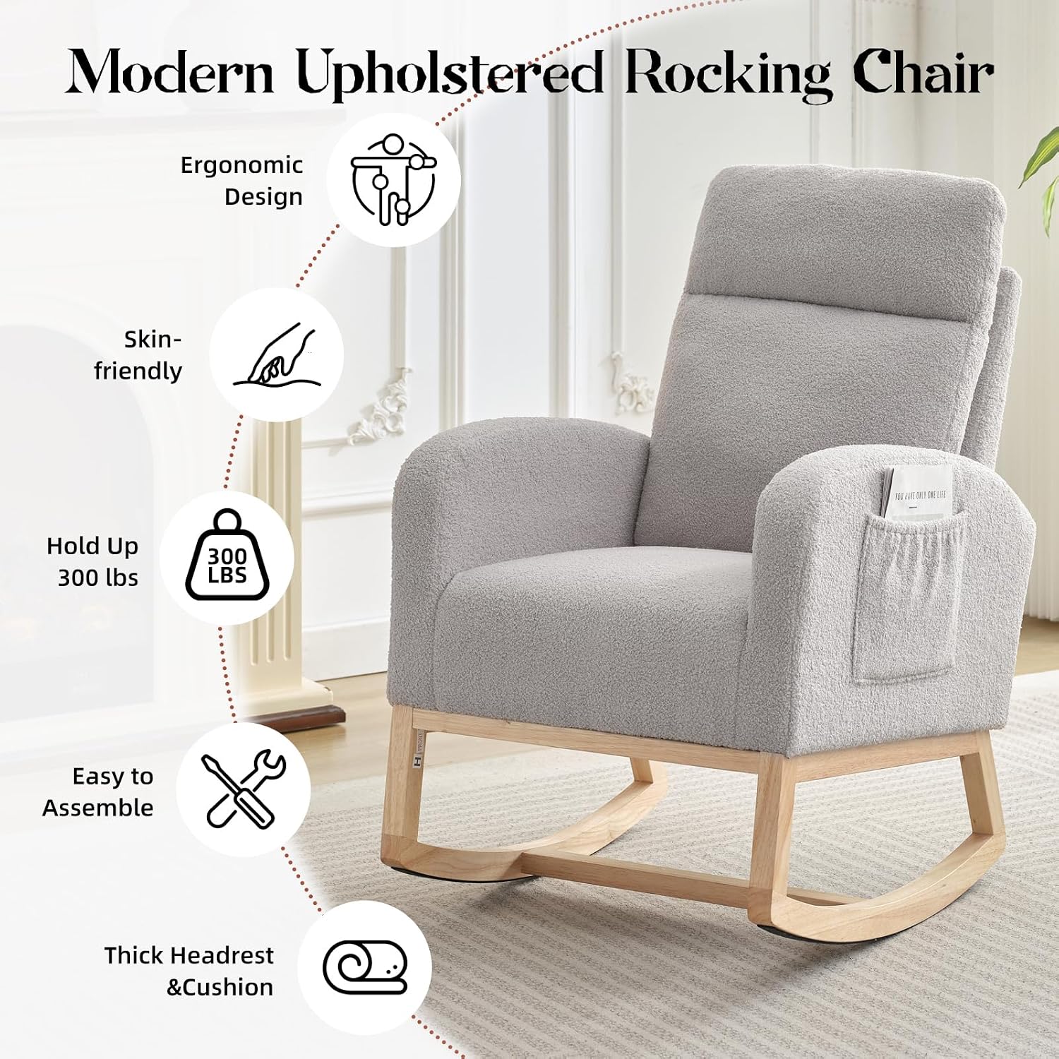 IDEALHOUSE Nursery Rocking Chair, Upholstered Glider Rocker with High Back & Side Pocket, Comfy Nursing Chair for Breastfeeding, Padded Nursery Armchair for Baby Room, Bedroom & Living Room,