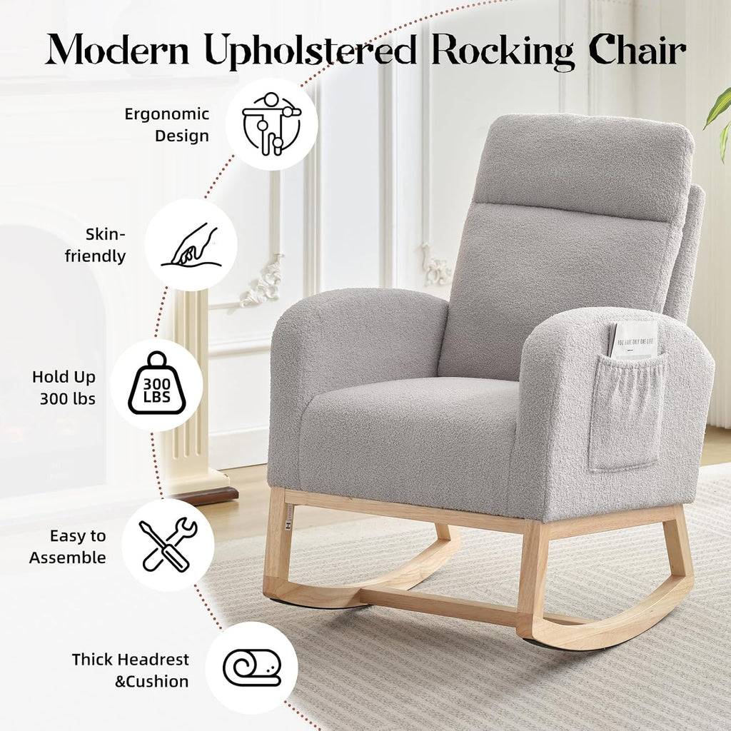 Modern Nursery Rocking Chair,Teddy Upholstered Glider with 26' High Backrest, Padded Seat for Living Room, Bedroom, Reading