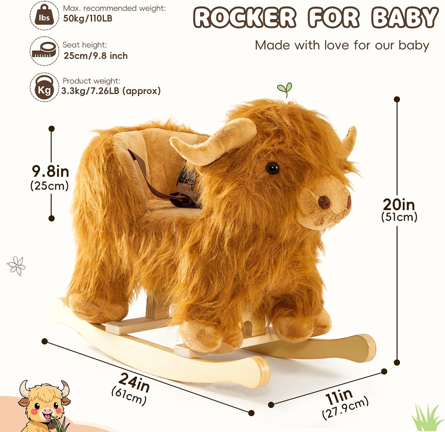 Baby Rocking Horse,Highlander Cattle Wooden Rocking Horse for Toddlers 1 Year Old Cute Cow Stuffed Plush Ride-on Toy Rocking Animal for Baby Boys and Girls Nursery/Child Christmas or Birthday Gift