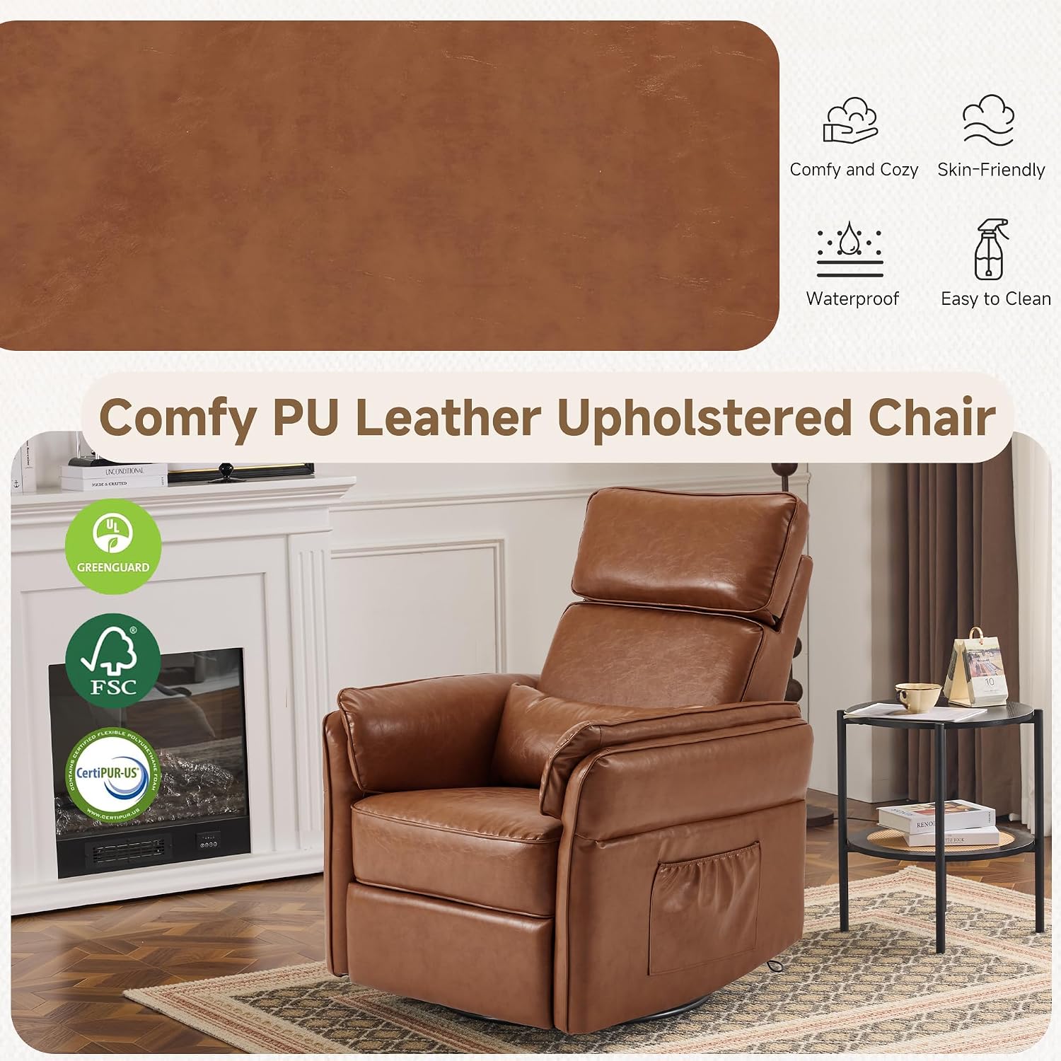 Power Recliner Rocking Chair Nursery Gliders with Adjustable Armrests and Headrest, Swivel Electric Glider Reclining Nursing Chair with USB Port and Storage Bags, FSC Certified (Leather, Brown)
