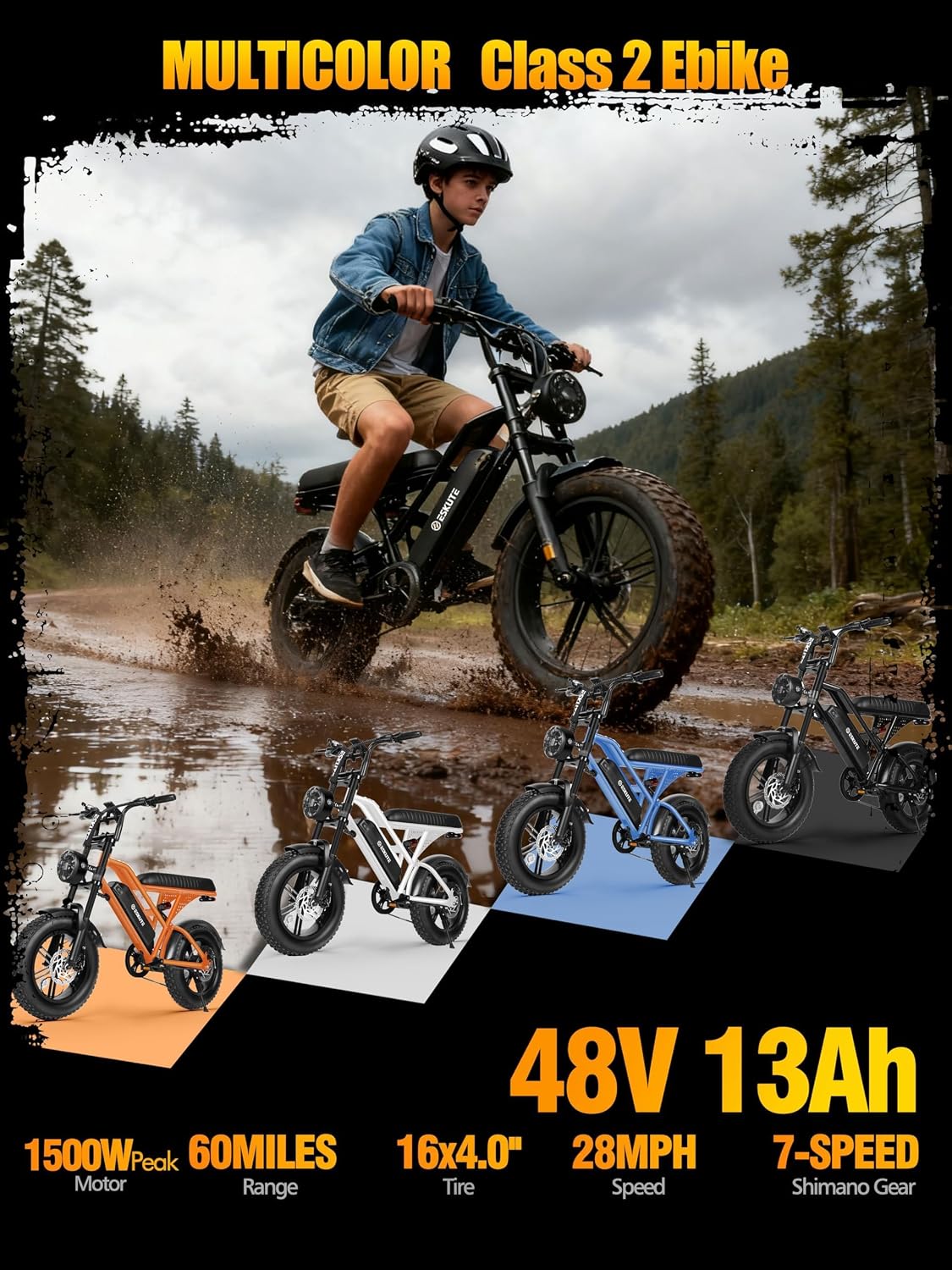 Elecby 1500W Peak Electric Bike for Adults, 28MPH 48V 13Ah Removable Battery, 60 Mile Range, 16'x4.0' Fat Tire, 7-Speed E-Bike with Dual Suspension – Commuter Ebike for Men & Women