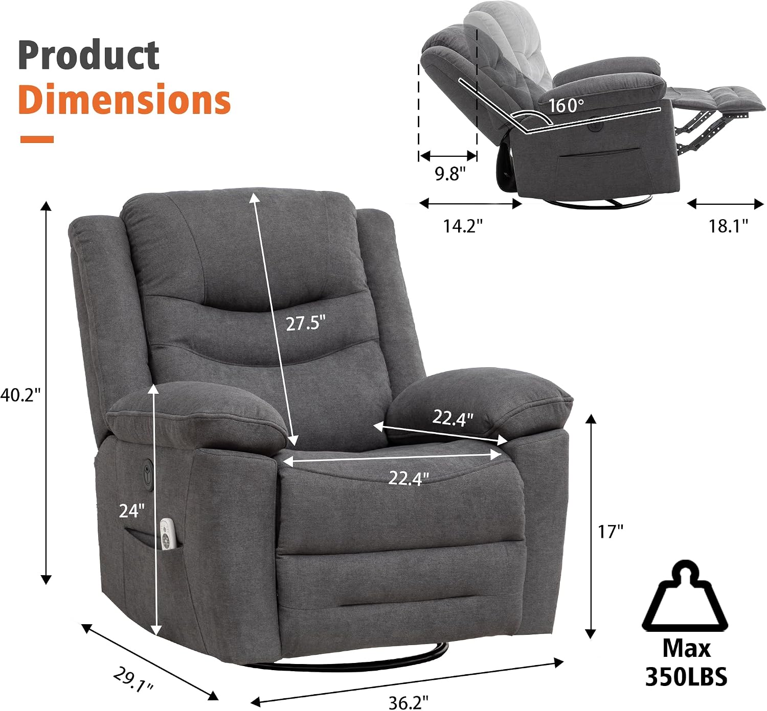 Ketaiyou Power Swivel Rocker Recliner with Massage and Heat, USB Port, Infinite Position, Oversized Electric Glider Rocking Chairs Living Room, Soft Fabric Reclining Sofa Chair (Dark Grey Fabric)