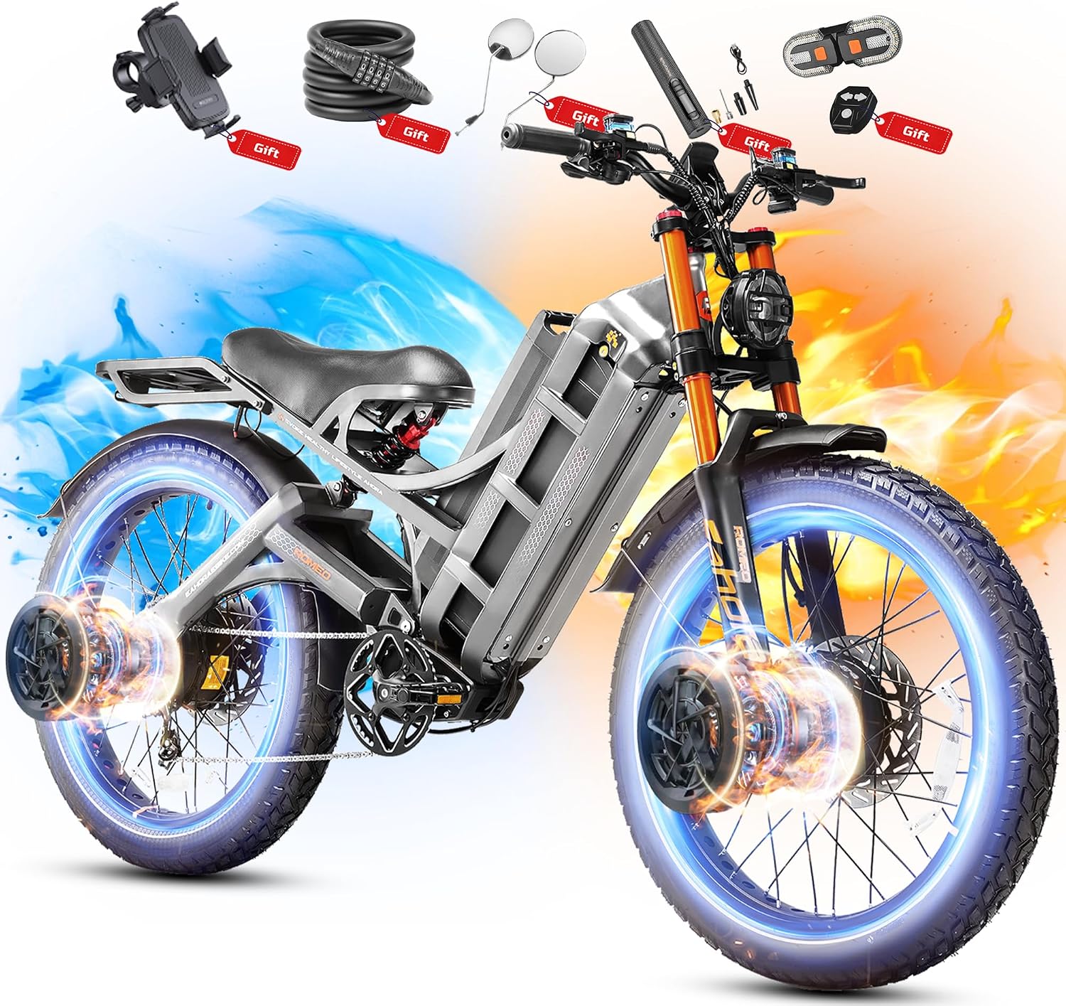 eAhora 2026 Romeo Pro3/2 50/46Mph Ebike 5600/4000W Dual Motor 200+Miles Electric Bike for Adults, 52V/70Ah 60V/80Ah Long Range 26 * 4.0' Fat Tire Full Suspension Electric Mountain Bike