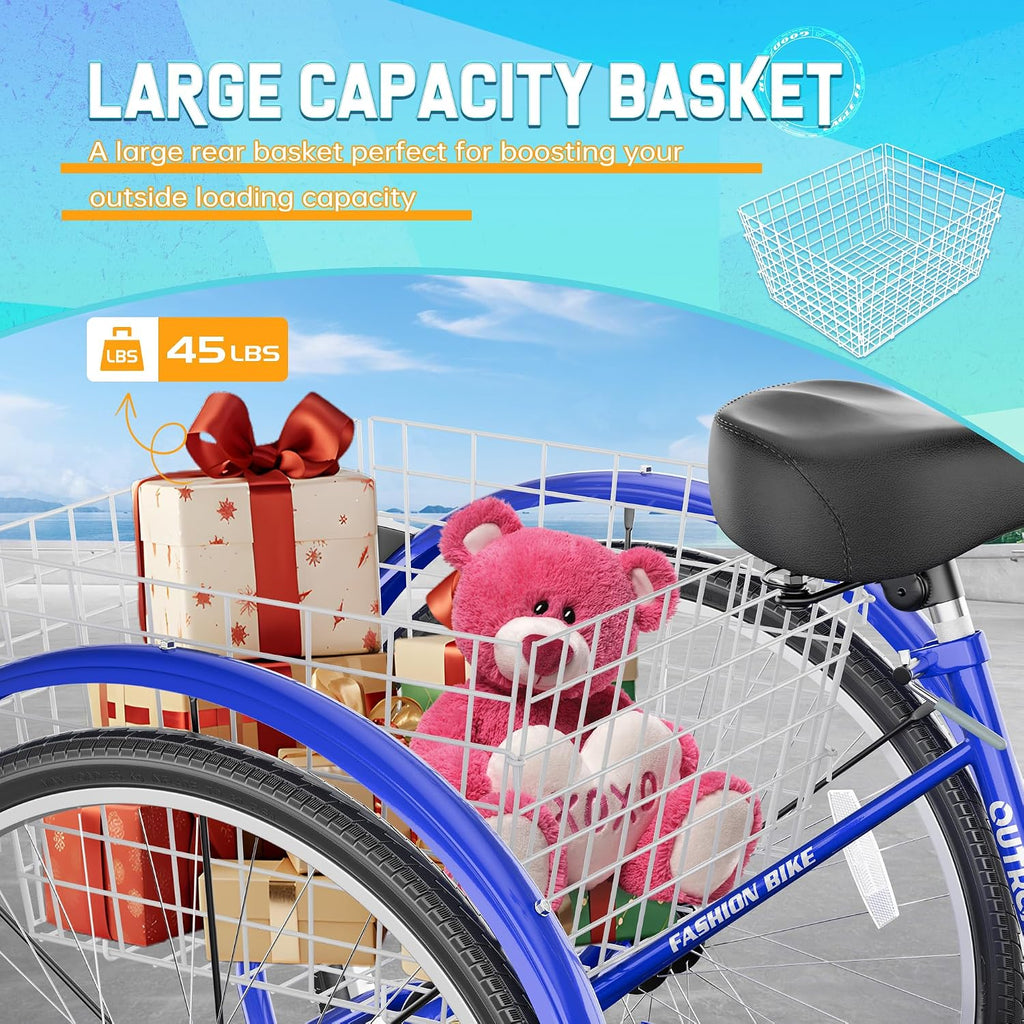 Outroad Adult Tricycle, 24/26 inch 1 Speed Cruiser Trike, 3 Wheel Bikes with Large Basket for Seniors, Women, Men, Adult Trikes for Shopping Picnic Outdoor Sports,Red Blue