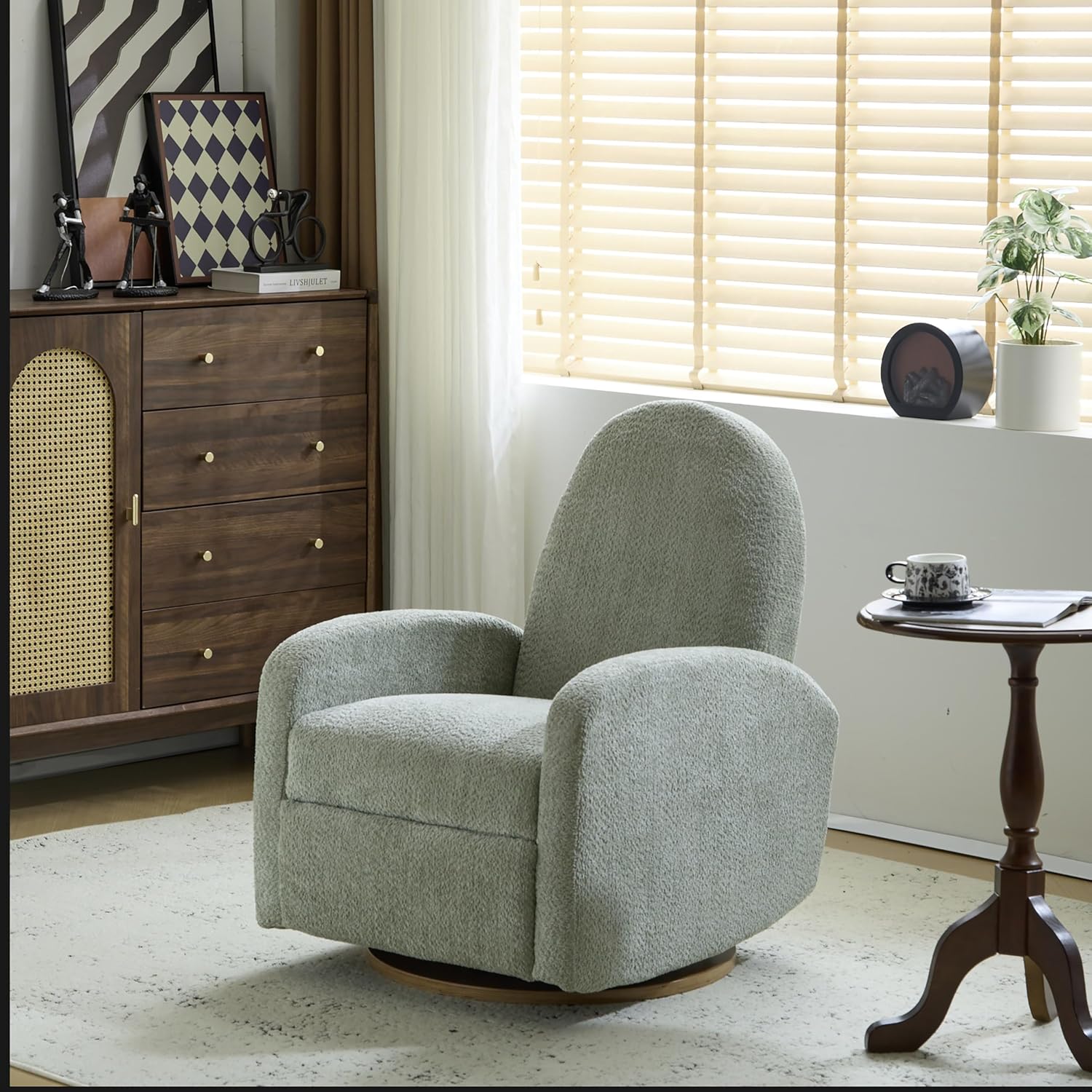 GDFStudio Swivel Glider Recliner Chair Nursery Rocker Recliner Chair with Boucle Upholstered High Back Single Seat Sofa Chair with Deep Seat Manual Nursing Reclining for Living Room, Light Green