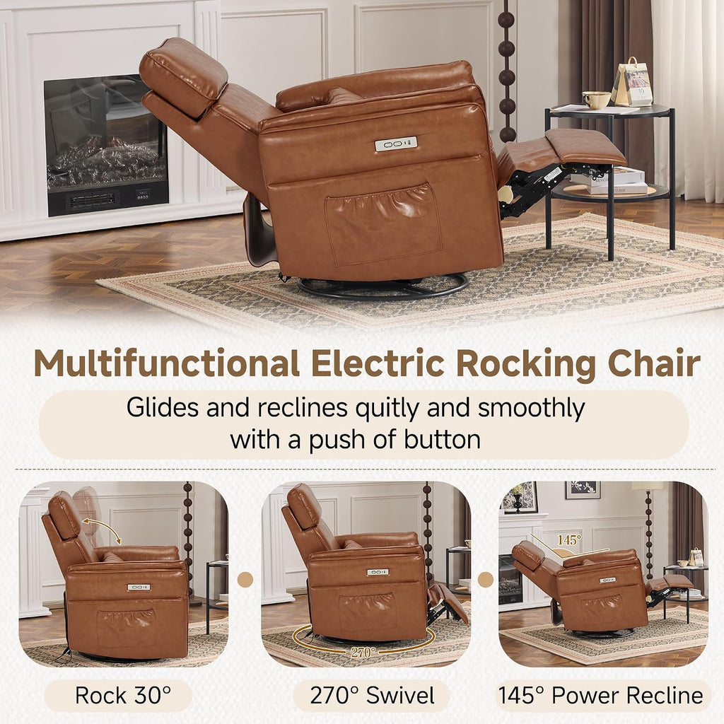Power Recliner Rocking Chair Nursery Gliders with Adjustable Armrests and Headrest, Swivel Electric Glider Reclining Nursing Chair with USB Port and Storage Bags, FSC Certified (Leather, Brown)