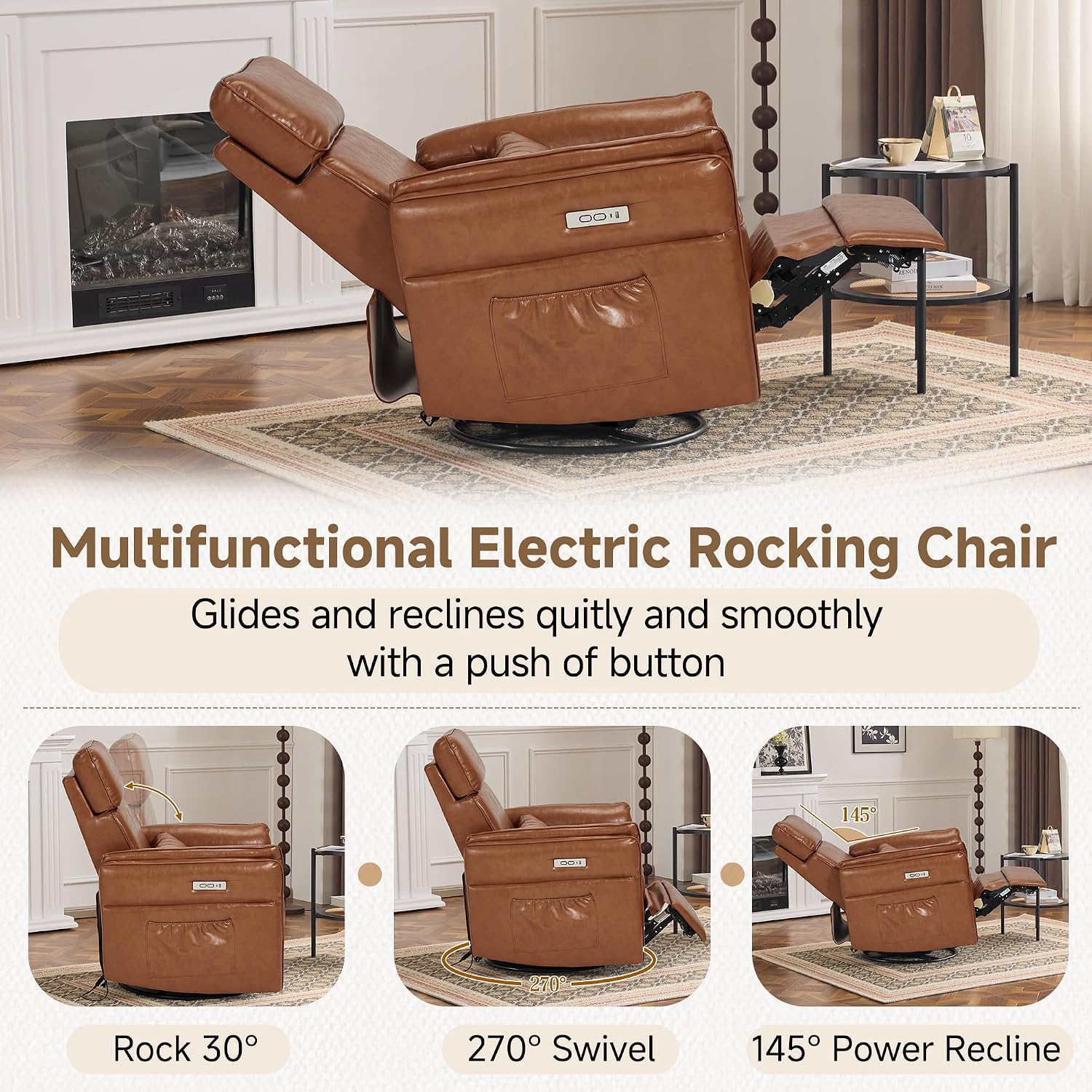 Power Recliner Rocking Chair Nursery Gliders with Adjustable Armrests and Headrest, Swivel Electric Glider Reclining Nursing Chair with USB Port and Storage Bags, FSC Certified (Leather, Brown)
