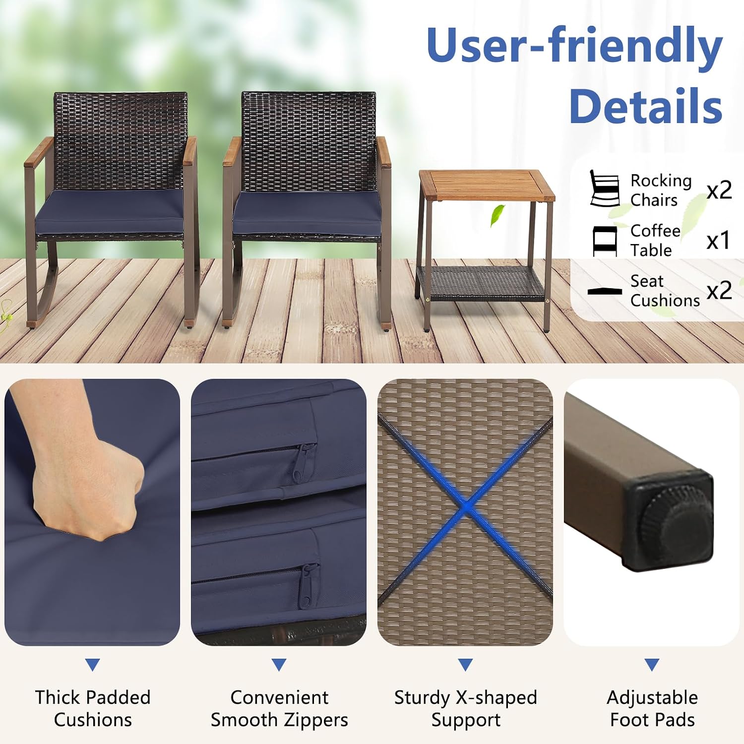 Tangkula 3 Pieces Rocking Bistro Set, Outdoor Rocker Chair with Coffee Table & Cushions, Patio Rattan Furniture Conversation Set for Balcony Porch Poolside (Navy)