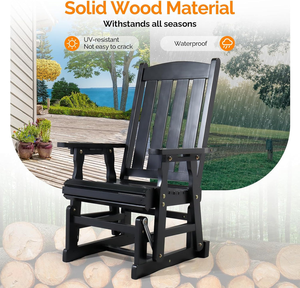 VINGLI Wooden Patio Glider, Heavy Duty 600 LBS Outdoor Glider with Cup Holders, Single Wooden Glider Bench with High Backrest for Garden, Yard, Patio, Black