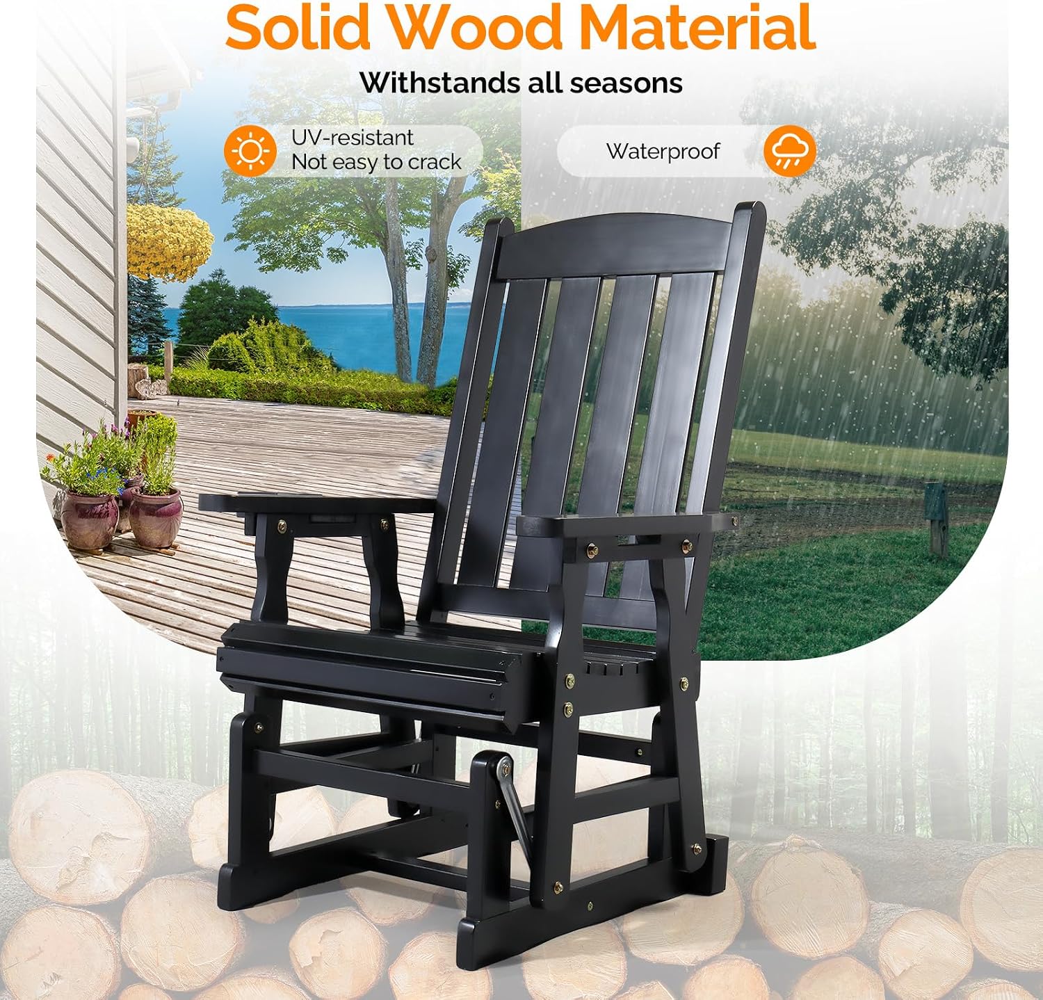VINGLI Wooden Patio Glider, Heavy Duty 600 LBS Outdoor Glider with Cup Holders, Single Wooden Glider Bench with High Backrest for Garden, Yard, Patio, Black