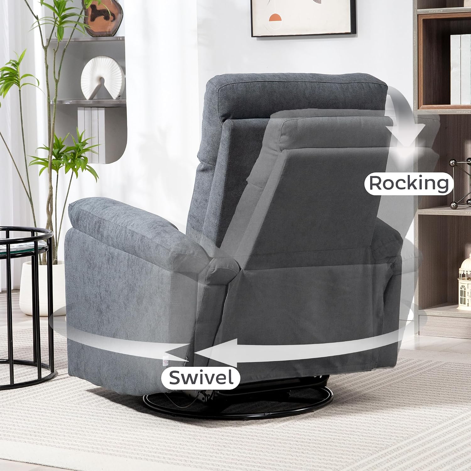 HOMCOM Swivel Rocker Recliner Chair, Wide Glider Rocking Single Sofa with Pocket Spring, Footrest, Modern Fabric Overstuffed Reclining Chair for Living Room, Bedroom, Quick Assembly, Gray