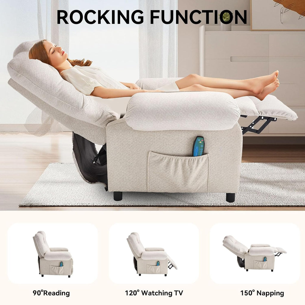 Overstuffed Push Back Recliner Chair for Living Room, Mid Century Fabric Heated Massaging Reclining Chair Small Manual Recliner Chair with Heat and Massage, White