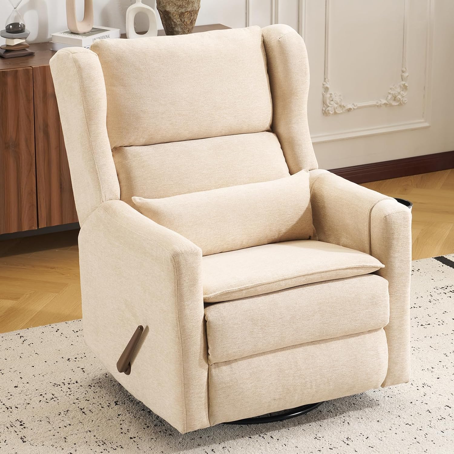 Large Glider Rocker Recliner,Rocking Chair Nursery with Adjustable Headrest,Swivel Rocker Recliner with Lumbar Support,Manual Nursery Rocker Recliner for Living Room& Bedroom,Chenille Beige