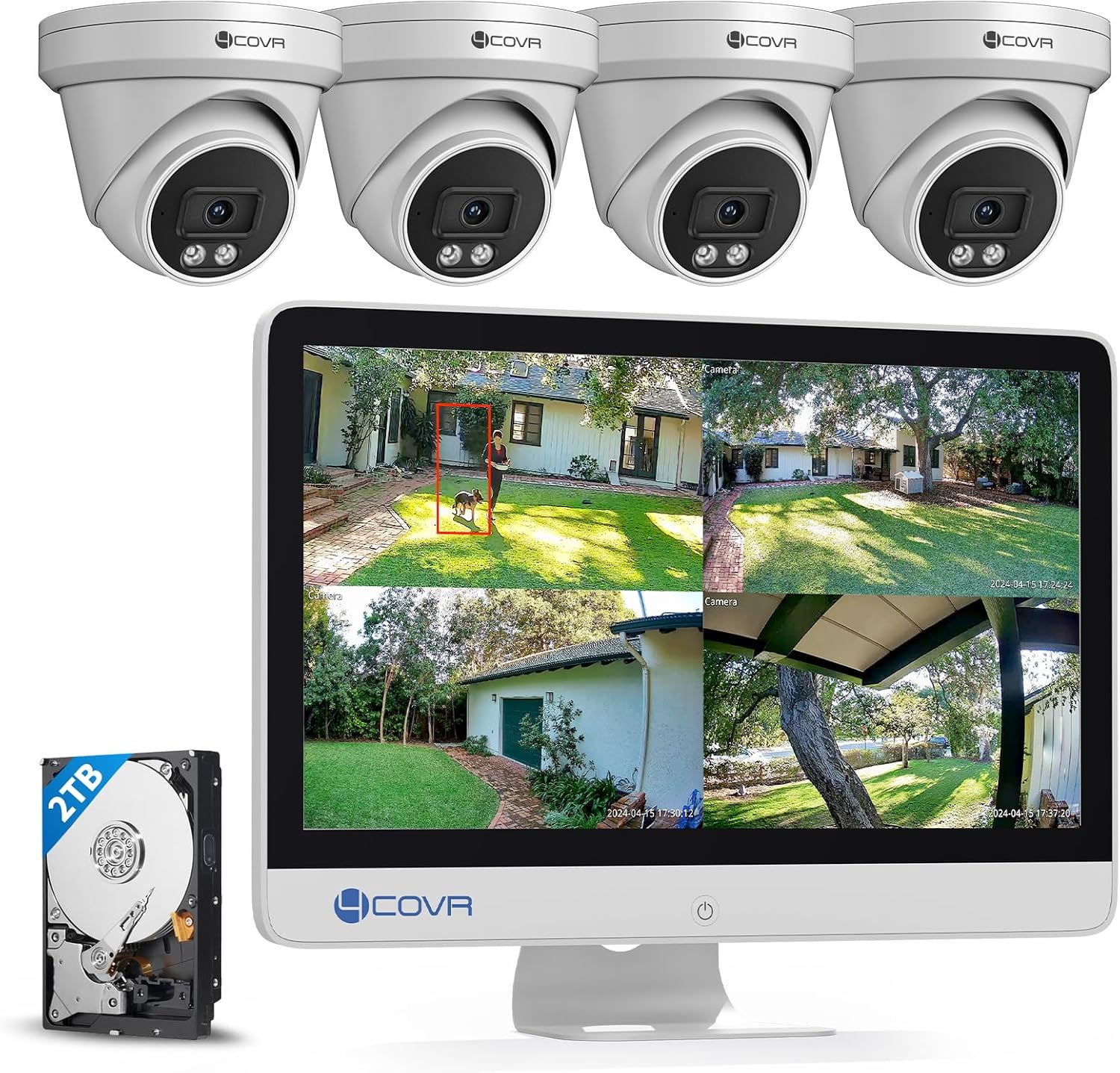 4COVR PoE Security Camera System with Monitor, 8 Channel 8MP H.265 Ultra HD NVR with Screen Pre-Installed 2TB HDD, 4Pcs IR Dome Wired 5MP IP Camera IP67, Person Vehicle Detection, LY97SA5MU804