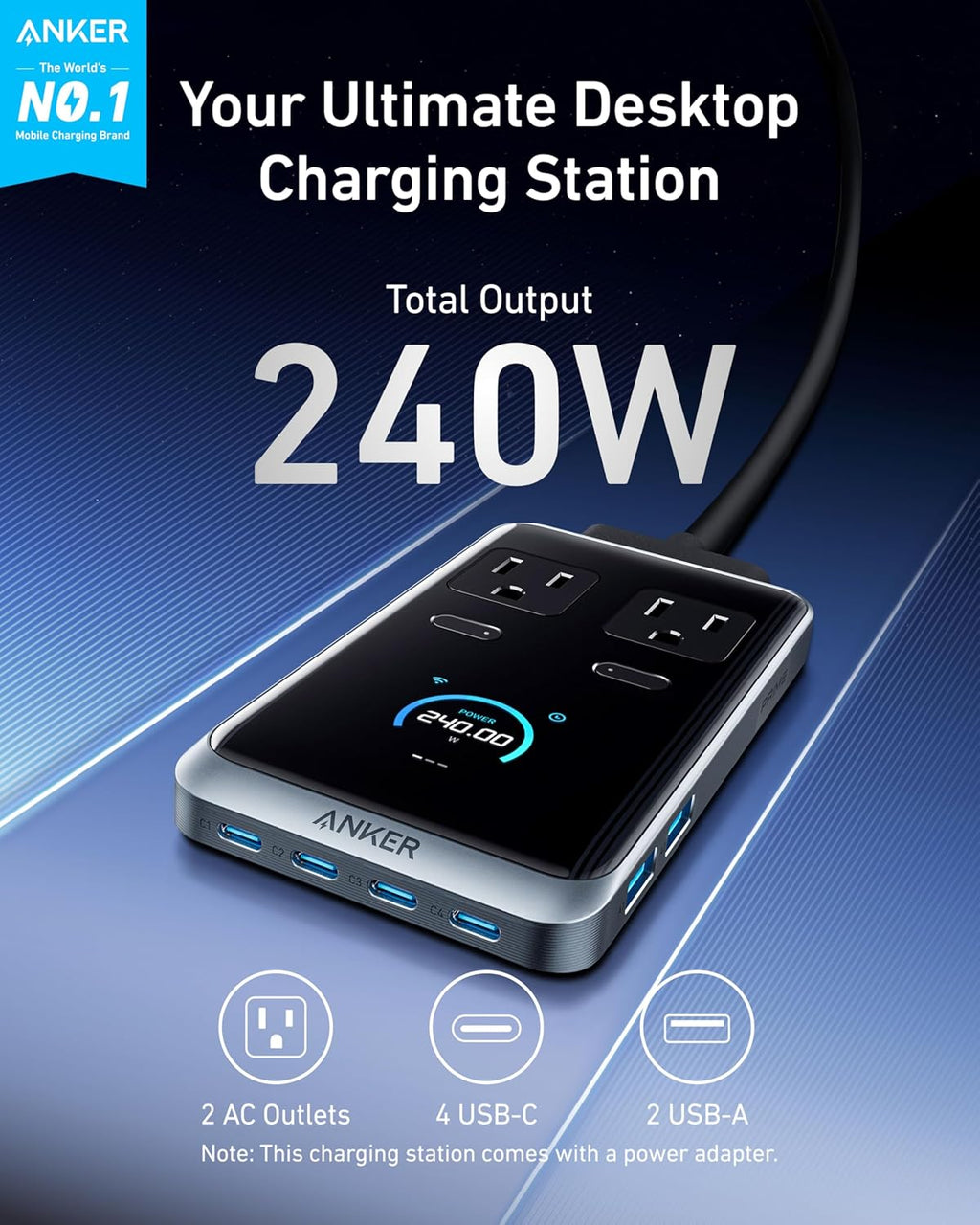 Anker Prime Power Bank, 9,600mAh Battery Pack with 65W Output, Built-in AC Plug with Anker Prime Charging Station, 240W 8-in-1 USB C Power Strip, 5 ft Detachable Extension Cord, 2 AC, 4 USB C, 2 USB A