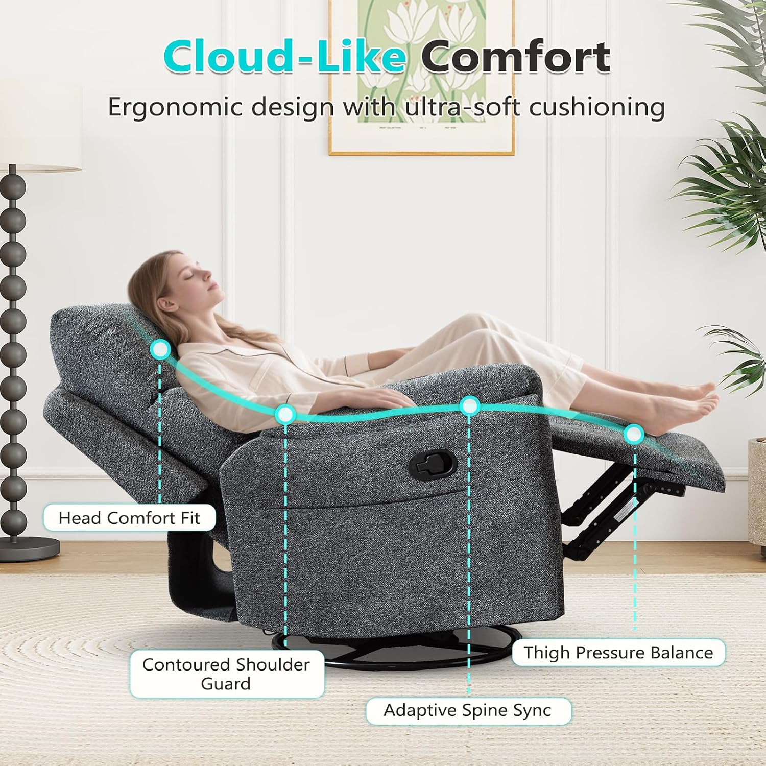 ANJ Swivel Rocker Recliner Chair Nursery, Manual Fabric Rocking Recliner, Modern Rocking Reclining Chairs for Living Room, Bedroom(Gray)