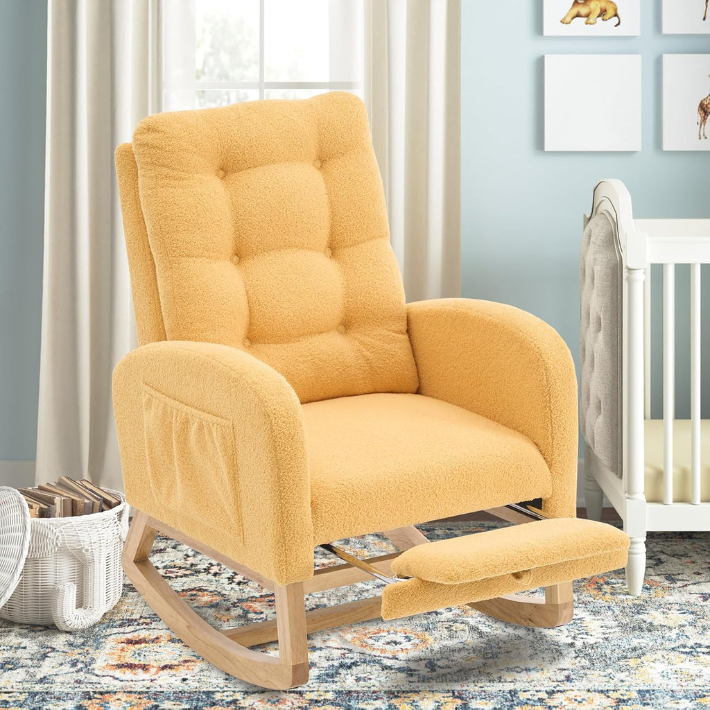 cinkehome Nursery Rocking Chair with Retractable Foot Rest, Teddy Glider Rocking Chair, Mid Century Rocker Chair, High Back, Solid Wood Legs