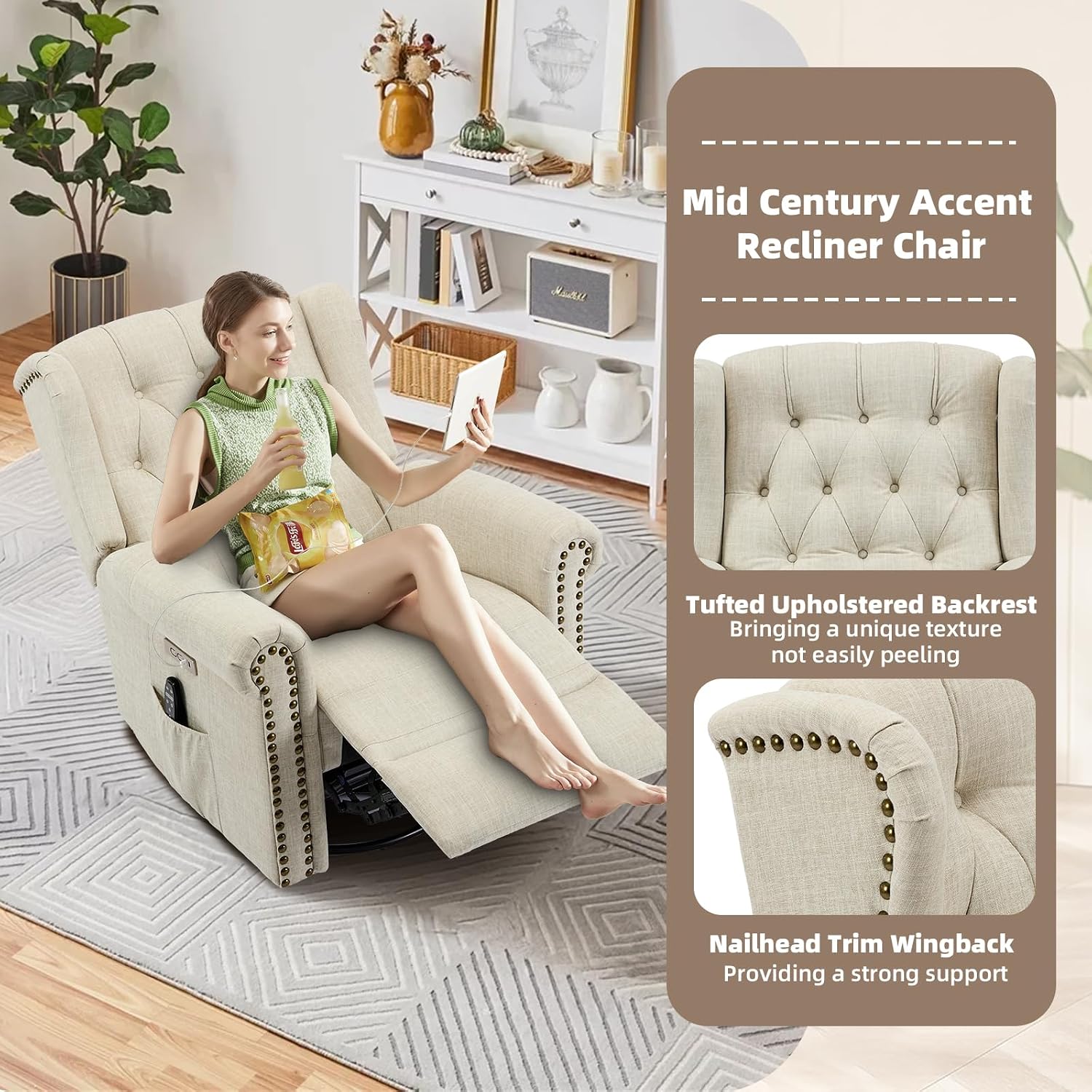 Power Swivel Rocking Glider Recliner Chair with Massage and Heat, Electric Nursery Glider Rocker for Living Room, Wingback Tufted Upholstered Recliner Chair with Type-C & USB Ports, Beige