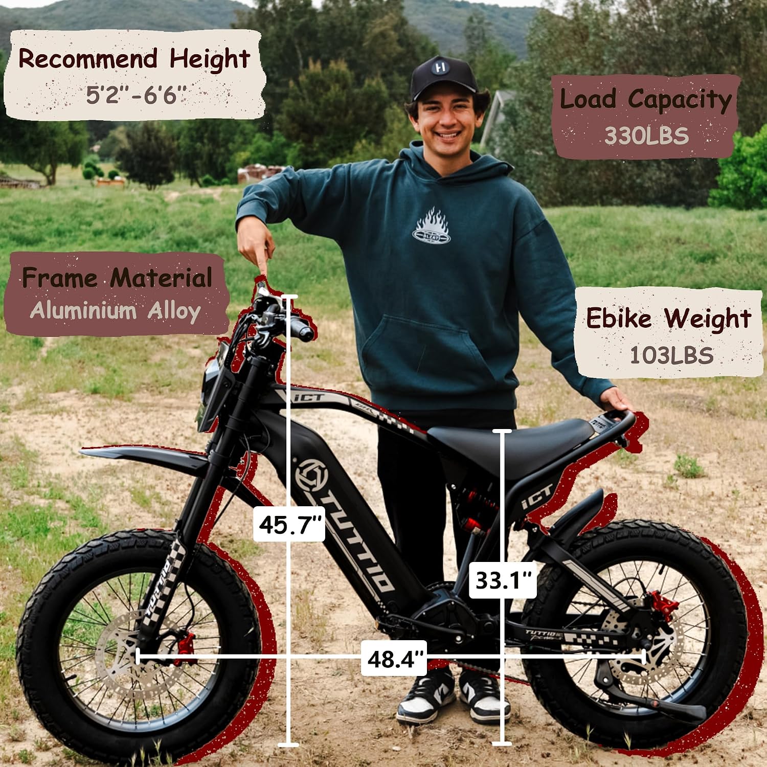 Tuttio ICT Electric Bike for Adults Teens Age 16+, 4000 Peak 50MPH 60V 25AH Electric-Dirt-Bike, 20' Fat Tire Electric Motorcycle, Full Suspension E-Bike for Mountain Off-Road Snow
