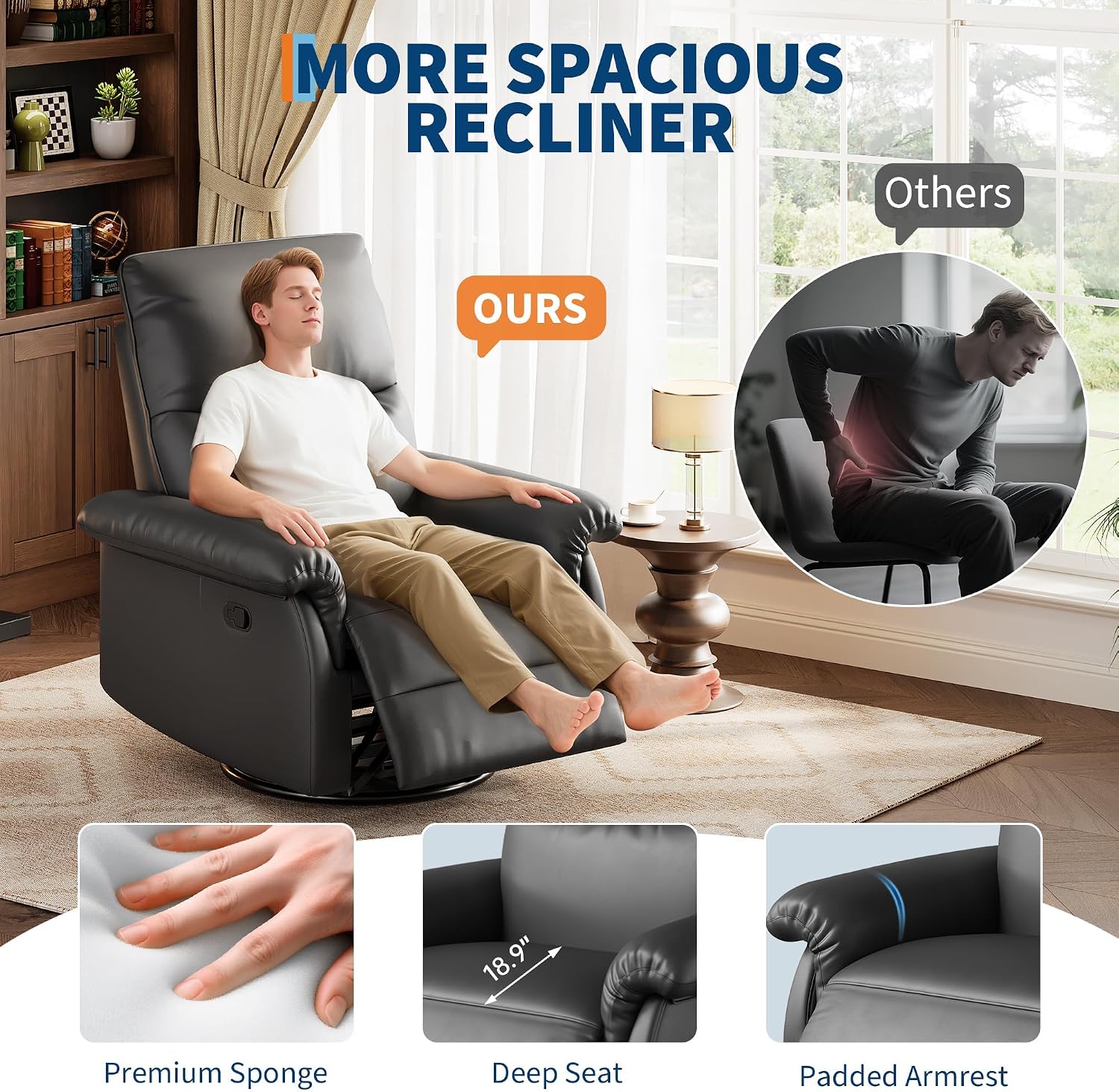 GarveeHome Recliner Chair, 360° Swivel Rocker Glider Nursery Chair with Padded Armrest and Deep Seat, PU Leather Upholstered Reclining Sofa Chair for Living Room, Bedroom and Nursery (Black)