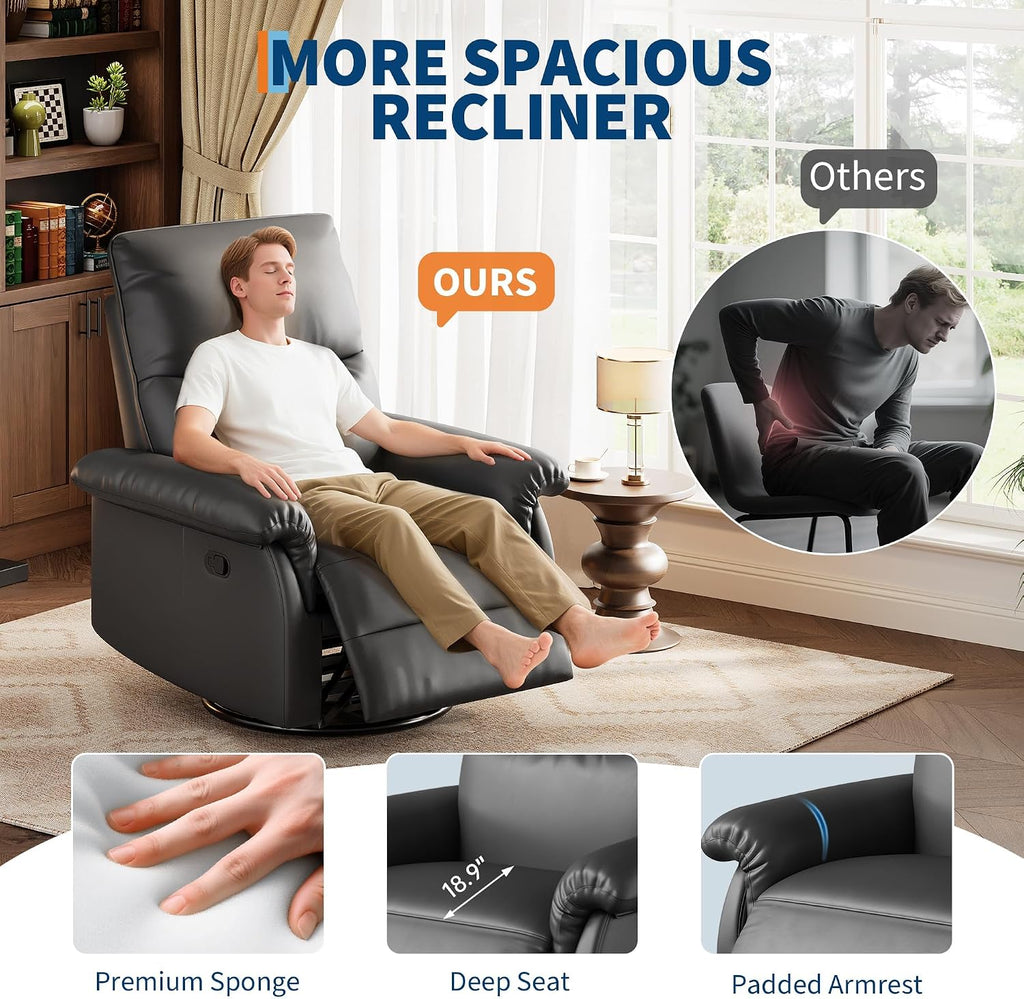 IDEALHOUSE Manual Recliner Chair, 360° Swivel Rocker Glider Recliner with Padded Armrests, Modern PU Leather Upholstered Reclining Chair for Living Room Bedroom and Nursery (Dark Black)